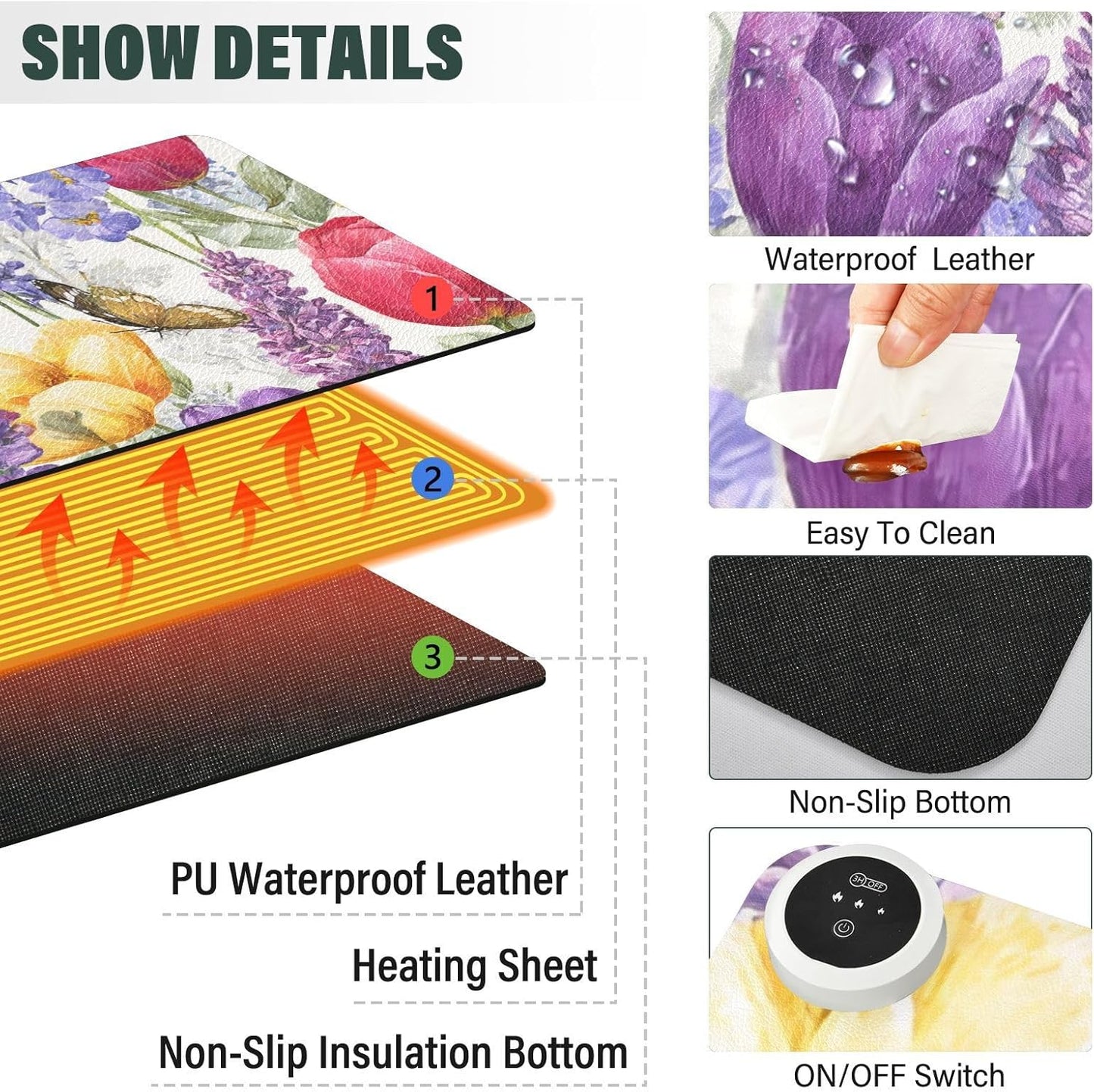 Heated Desk Pad Mouse Pad 31.5x13 Inch PU Leather Desk Mat with 3 Heat Levels Large Mouse Gaming Computer Laptop Mat Tulips Lavenders Purple Butterfly
