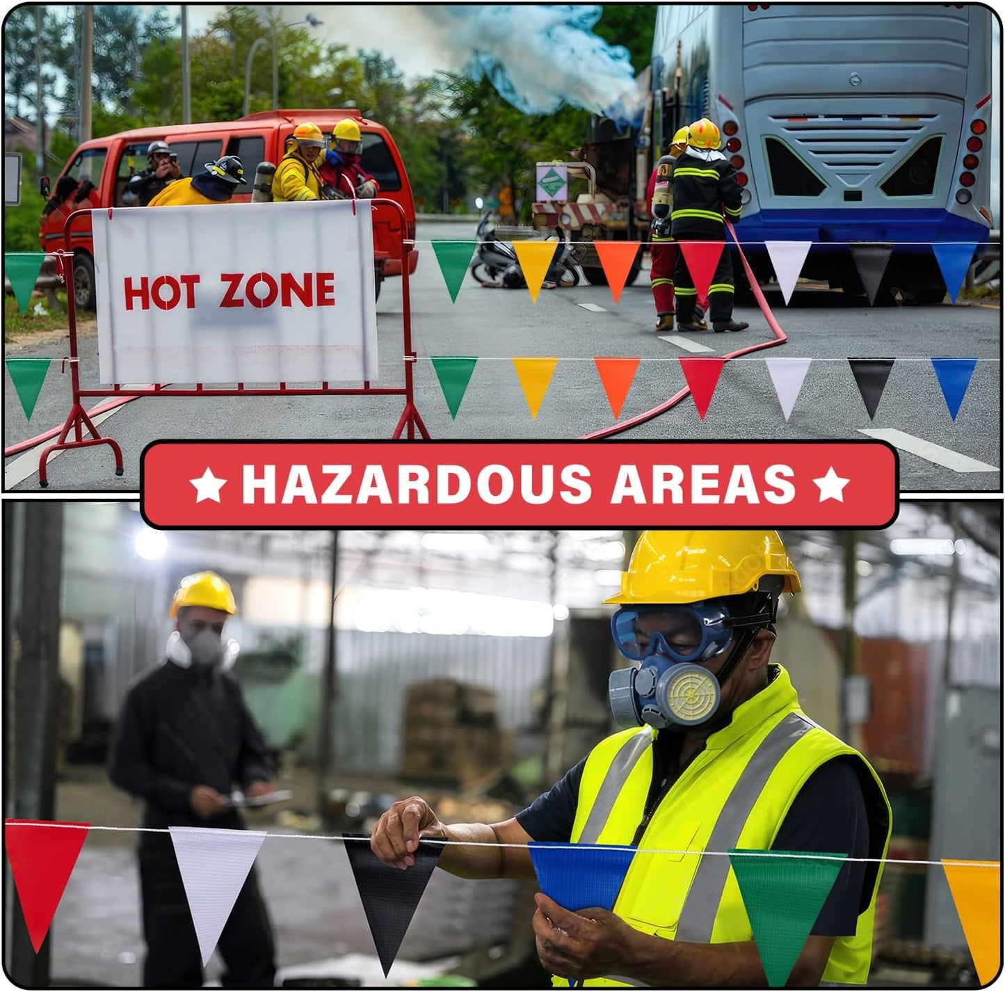 105ft Pennant Banner Flags, 7"x10" Fluorescent Multicolor Safety Flagging Warning Banner for Construction Site/Traffic Control/Boundary Barrier Signs, Perimeter Marking Flags on String, 45 Pcs