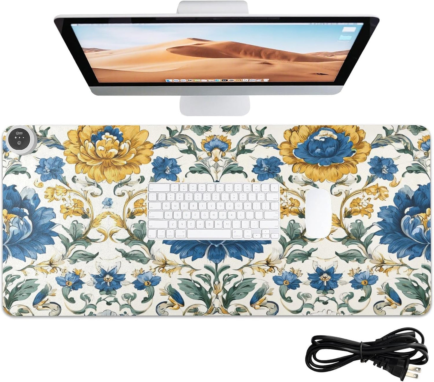 Heated Desk Pad Mouse Pad 31.5x13 Inch PU Leather Desk Mat with 3 Heat Levels Large Mouse Gaming Computer Laptop Mat Royal Floral Blue and Yellow Tile