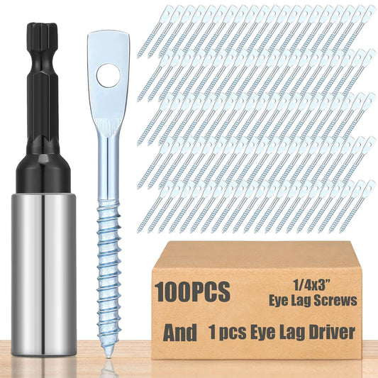 100 Pcs Eye Lag Screws and 1 Pcs Driver Set, 1/4 Inch x 3 Inch Eye Lag Wood Screws Zinc Plated 2-5/8 Inch Quick Install Bit Kit for Use with Attaching Hanger Wire to Ceiling Joists