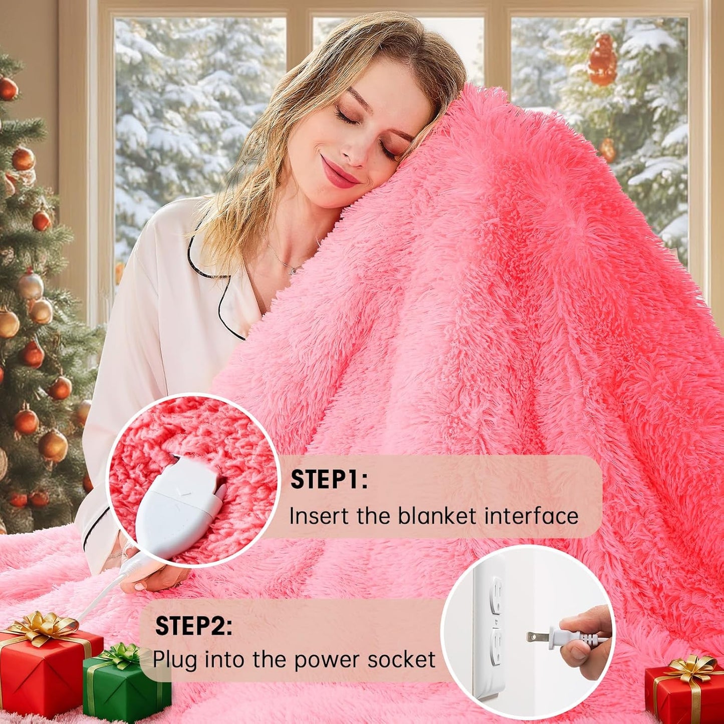 Heated Electric Blanket Twin,Warm Winter Birthday Gifts for Women Her Grandma–Faux Fur with Soft Sherpa,10 Heat Settings,5 Time Settings with Fast Heating, 62x84, Baby Pink