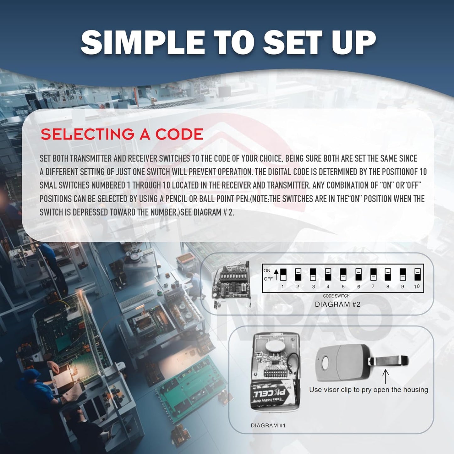 2 for Multicode Linear 308911, 10 Dip Switch Gate Opener Remote 300MHz, Multi Code Garage Door Opener Remote, 3-Year-Warranty