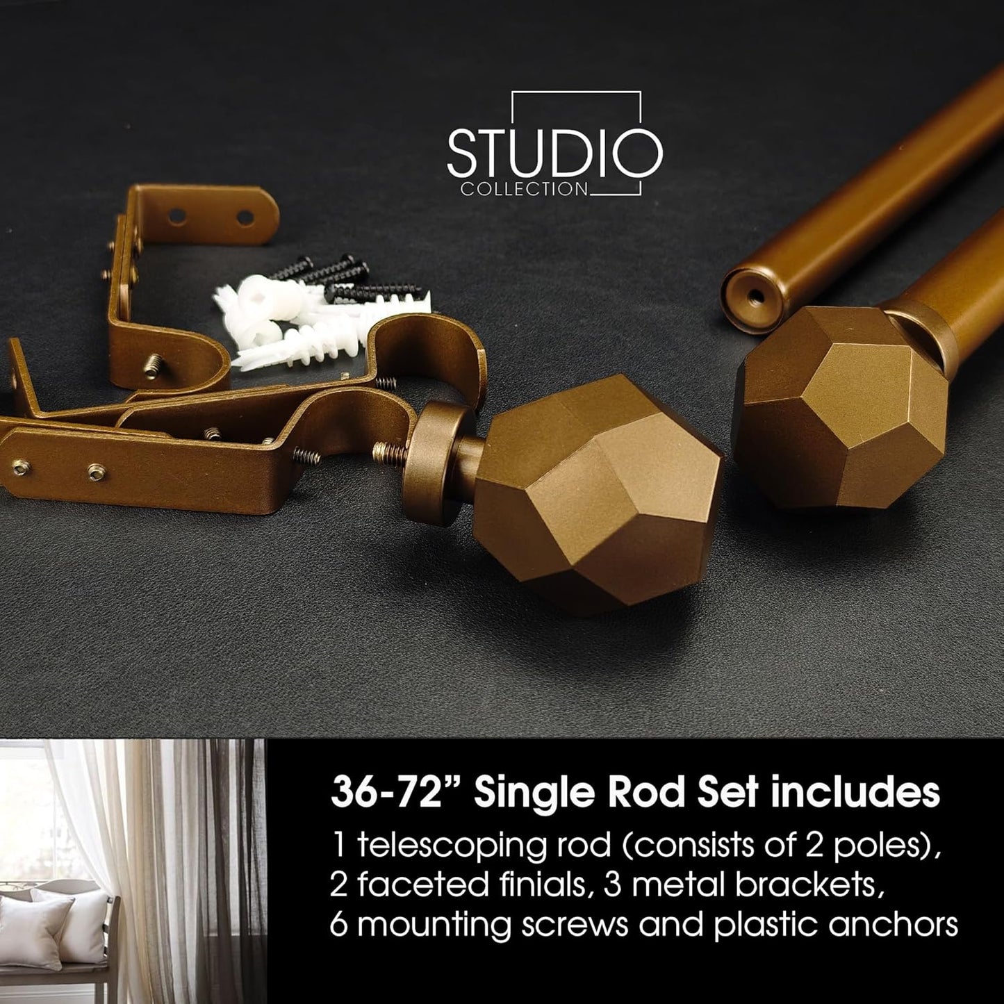 1-1/8 Inch Diameter Aged Bronze Curtain Rod with Geometric Faceted Finials, 36-72'' Telescoping Single Curtain Rods for window width 24-68 inch, 1 pack