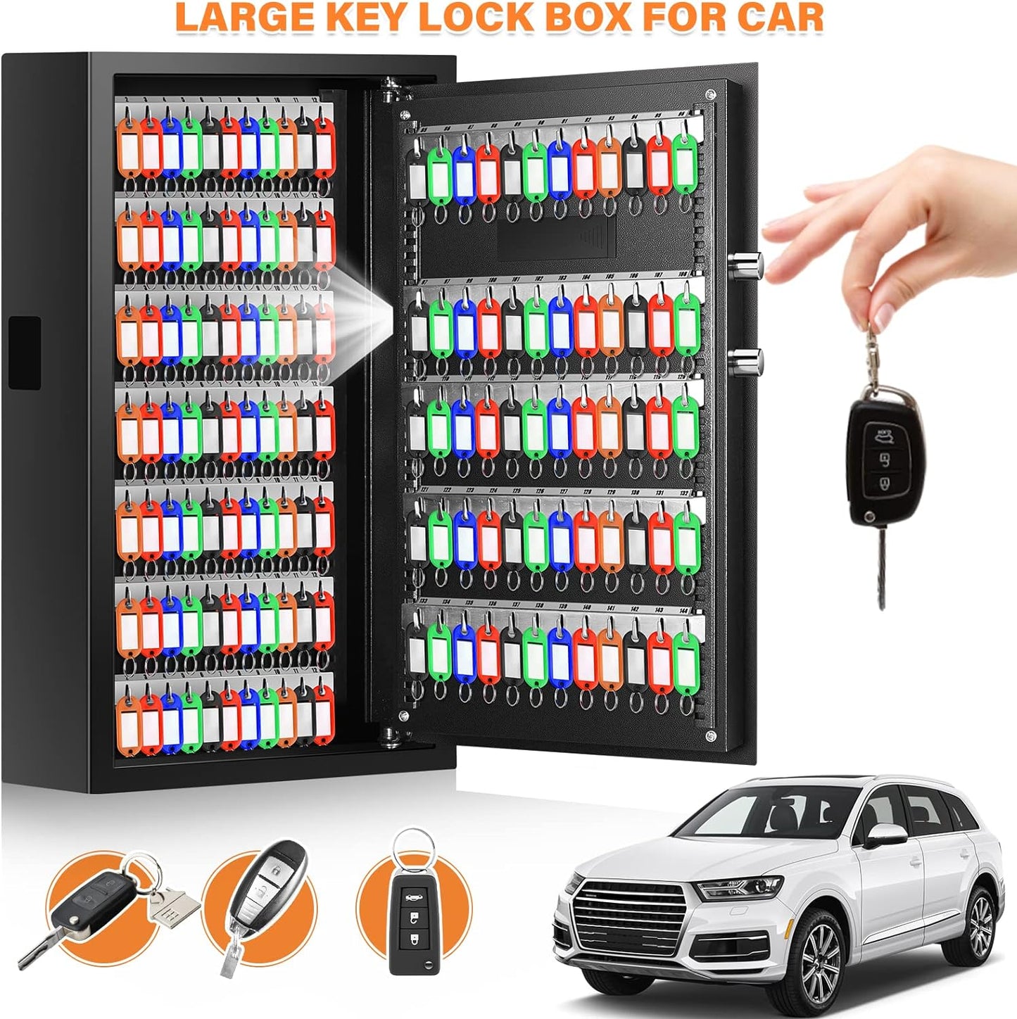 144 Keys Fireproof Key Cabinet, Anti-Theft Heavy Duty Key Lock Box with Key Tags, Adjustable Key Organizer Wall Safe with Combination Lock for Car Office House Garage Rental Business