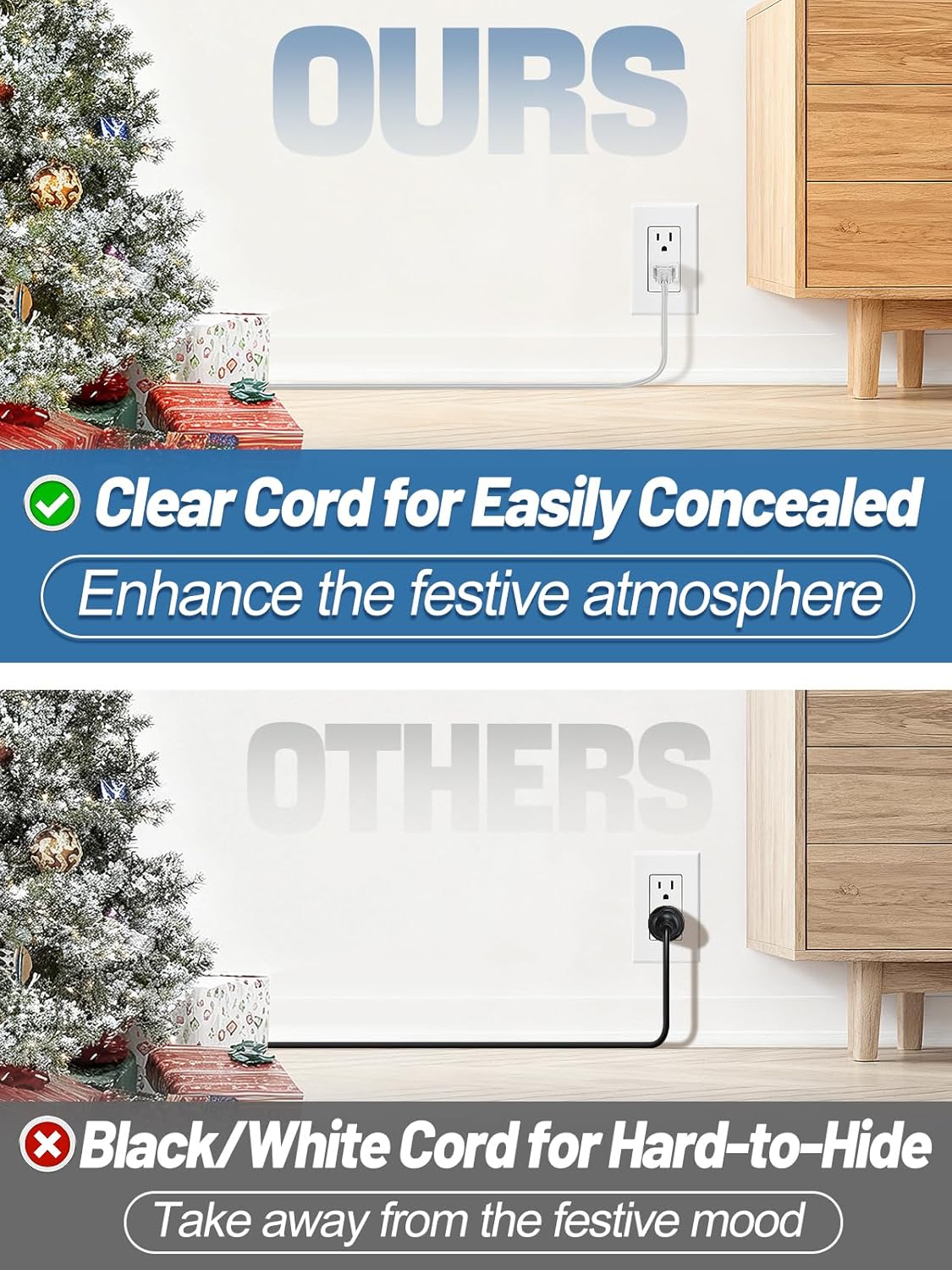 10ft Clear Extension Cord - Male to Female Invisible Indoor Thin 2 Prong Power Cable for Christmas Light Extension Cord, UL-Certified (2 x 18 AWG 250V 6A)
