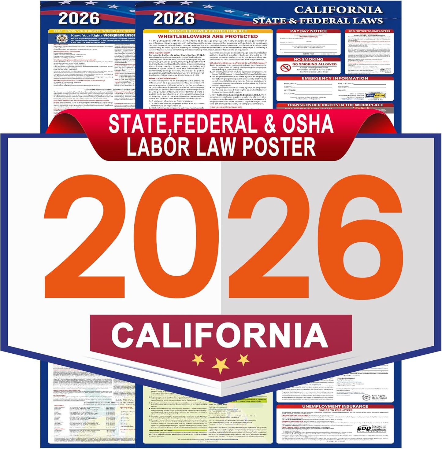 2026 California State and Federal Labor Laws Poster Set- OSHA Compliant UV Waterproof Laminated 17" x 40" English Version 2PCS Folded - All in One Compliance Posting
