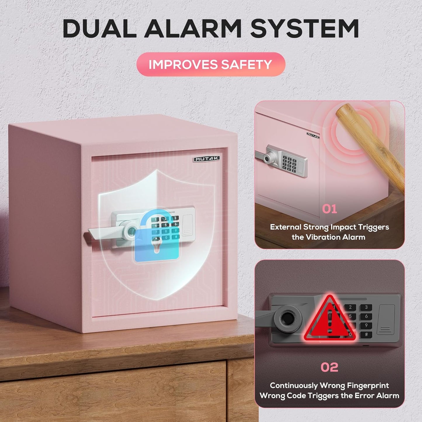 1.5 Cub Biometric Safe Box with Fireproof Bag, Quick-Access Fingerprint with Keys, Digital Keyboard, Type-C Port, Dual Alarm System Safety Box for Home, Office, Hotel Use(Pink)