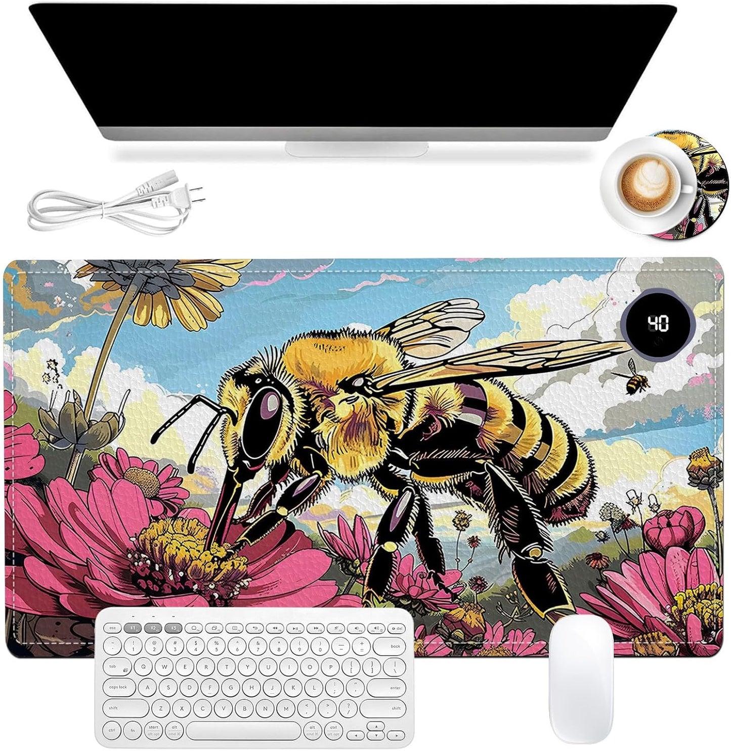 Heated Mouse Pad, Warm Desk Pad, Keyboard Mat 23.6 x 14 Inch Large Size Intelligent Fast Heating, 3 Speed Adjustable, Timed Auto Power Off for Game Office Home, Bees Collect Honey