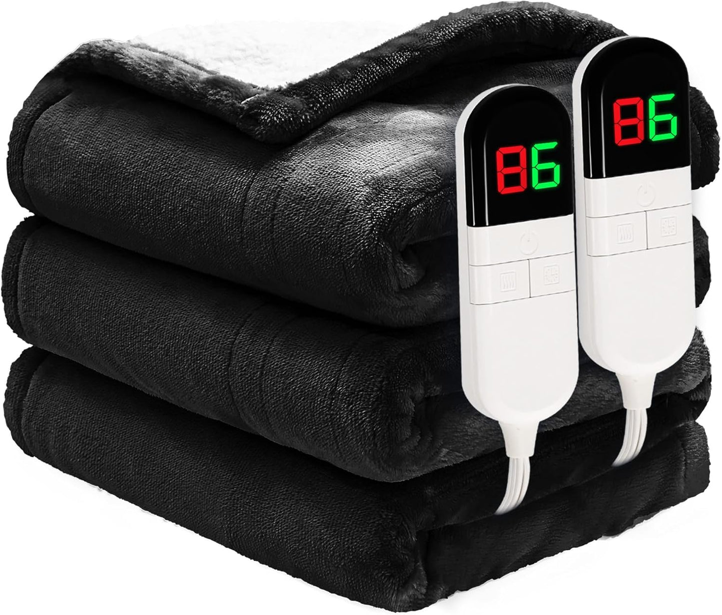 Heated Blanket Queen 84"×90" - Premium Cosy Soft Electric Blanket with 6 Heating Levels,Dual Control Fast Heating Flannel Sherpa Blanket for Bed & Couch,Auto Shut Off/Machine Washable (Black)