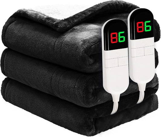 Heated Blanket Queen 84"×90" - Premium Cosy Soft Electric Blanket with 6 Heating Levels,Dual Control Fast Heating Flannel Sherpa Blanket for Bed & Couch,Auto Shut Off/Machine Washable (Black)