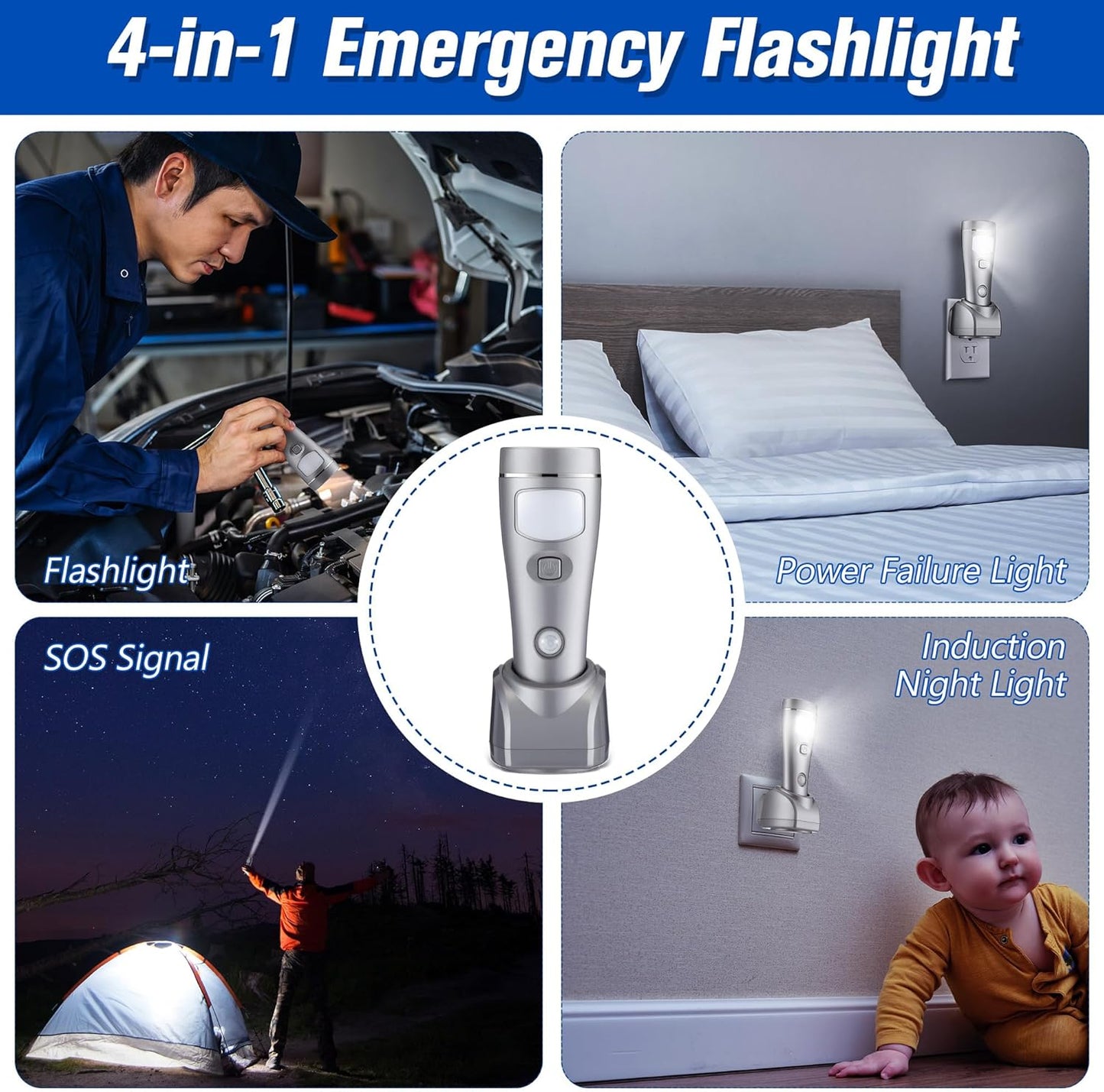 Enhon 9 Pack Rechargeable 4-in-1 LED Emergency Lights, Plug-in Flashlights with Motion Sensor Night Light, Auto-On Power Failure Light for Home, Hurricane, and Outage Supplies