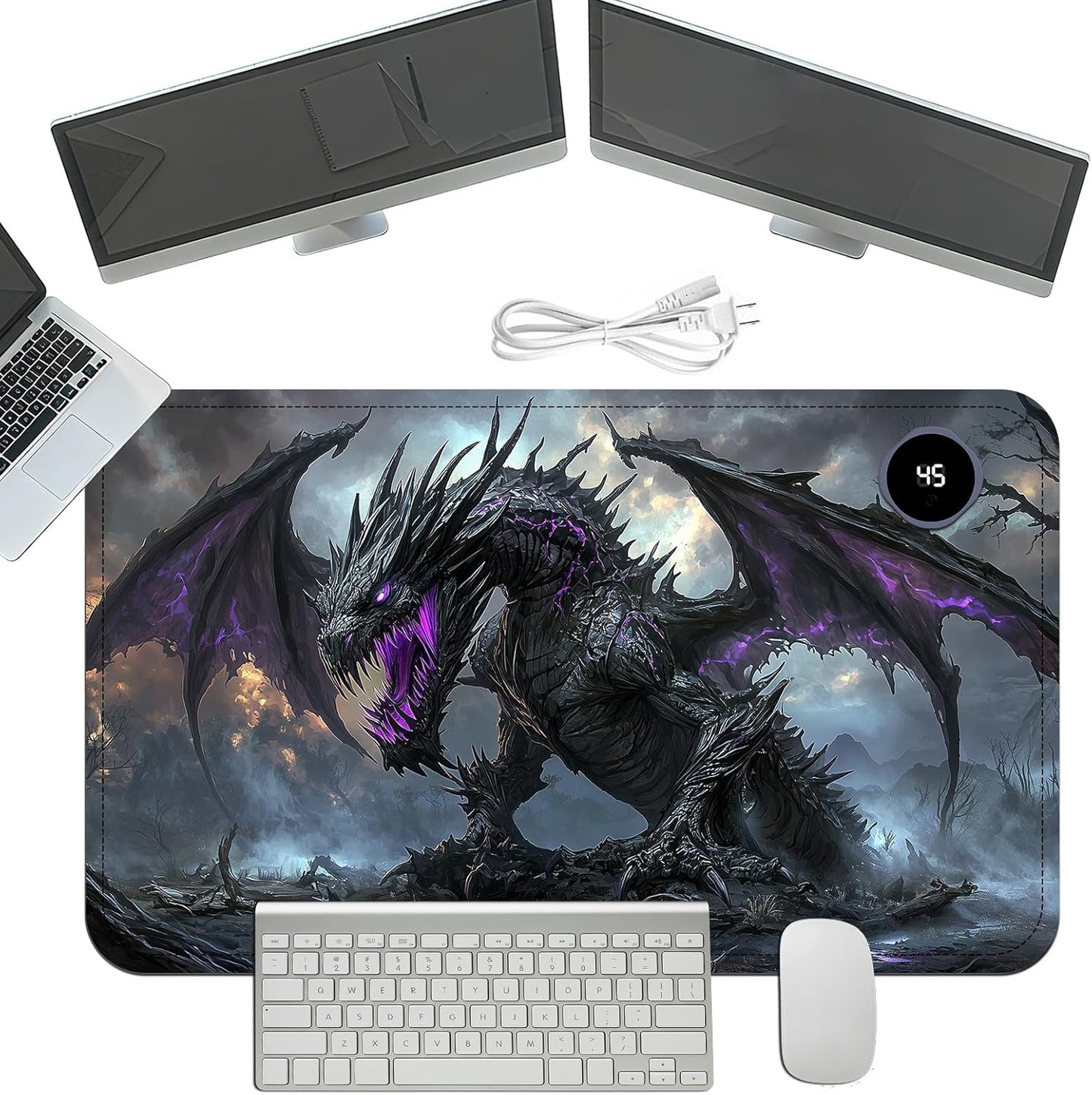 Heated Mouse Pad with 3 Temperature Settings(104°F–122°F),Large 24x14.2 Inch PU Leather Heated Desk Mat,Waterproof Warming Pad for Office,Gaming & Cold Hands Relief,Dark Dragon Fantasy