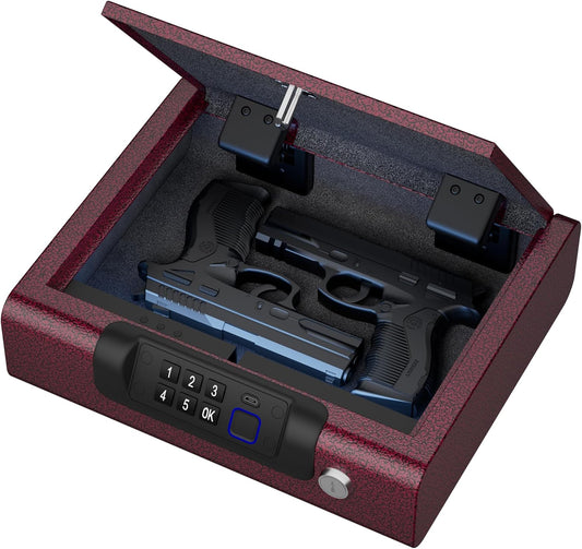 Gun Safe,Biometric Gun Safe for Pistols 3-Ways unlock Fingerprint Digital PIN Key Unlock with Voice,Lock box for Cloakroom living room Bedroom Nightstand and Car BILLCONCH - Burgundy Red