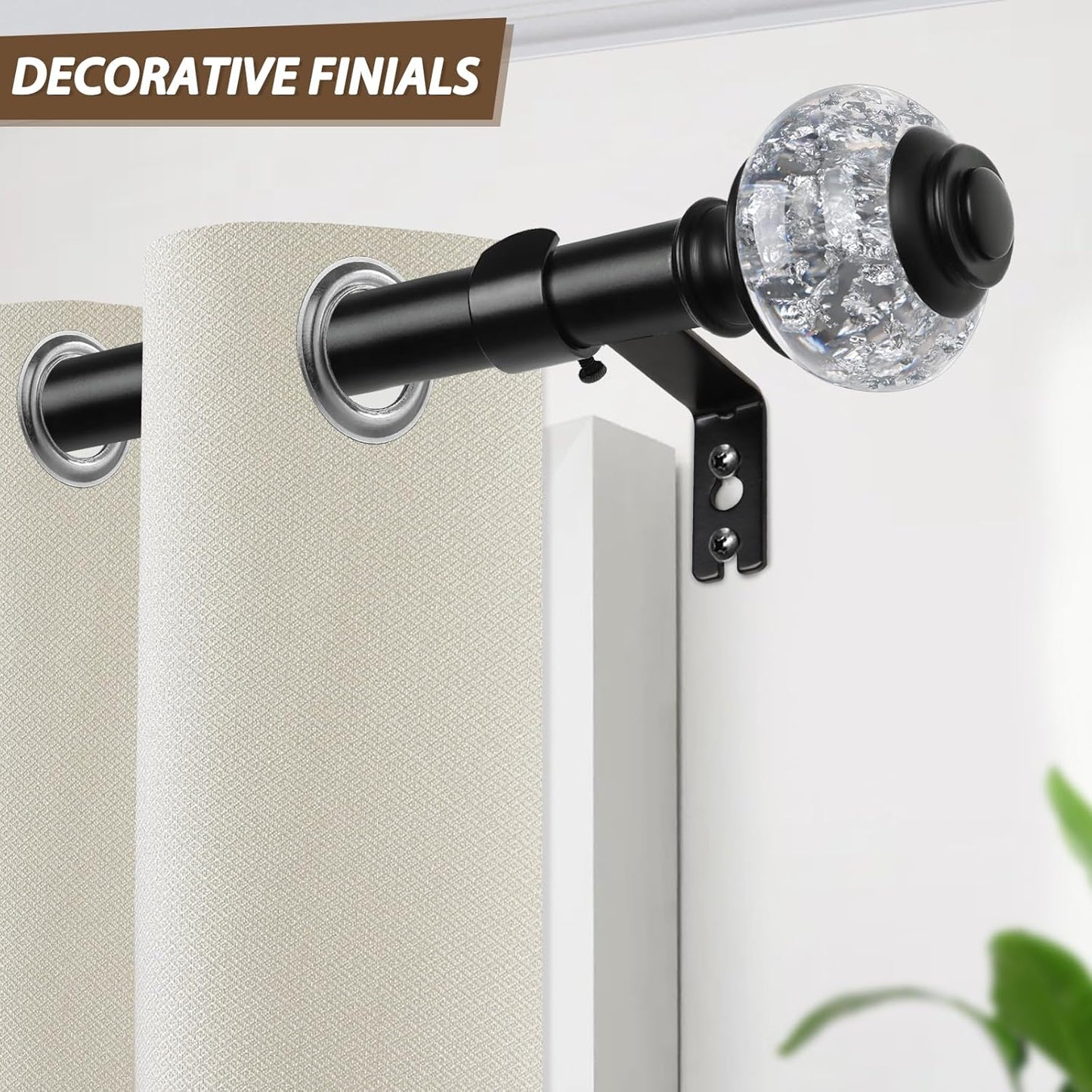 2 Pack Black Curtain Rods, 1 Inch Telescoping Drapery Rod 28 to 48 inch (2.3 to 4 ft), USFOOK Curtain Rods for Windows, Silver Translucent Finials