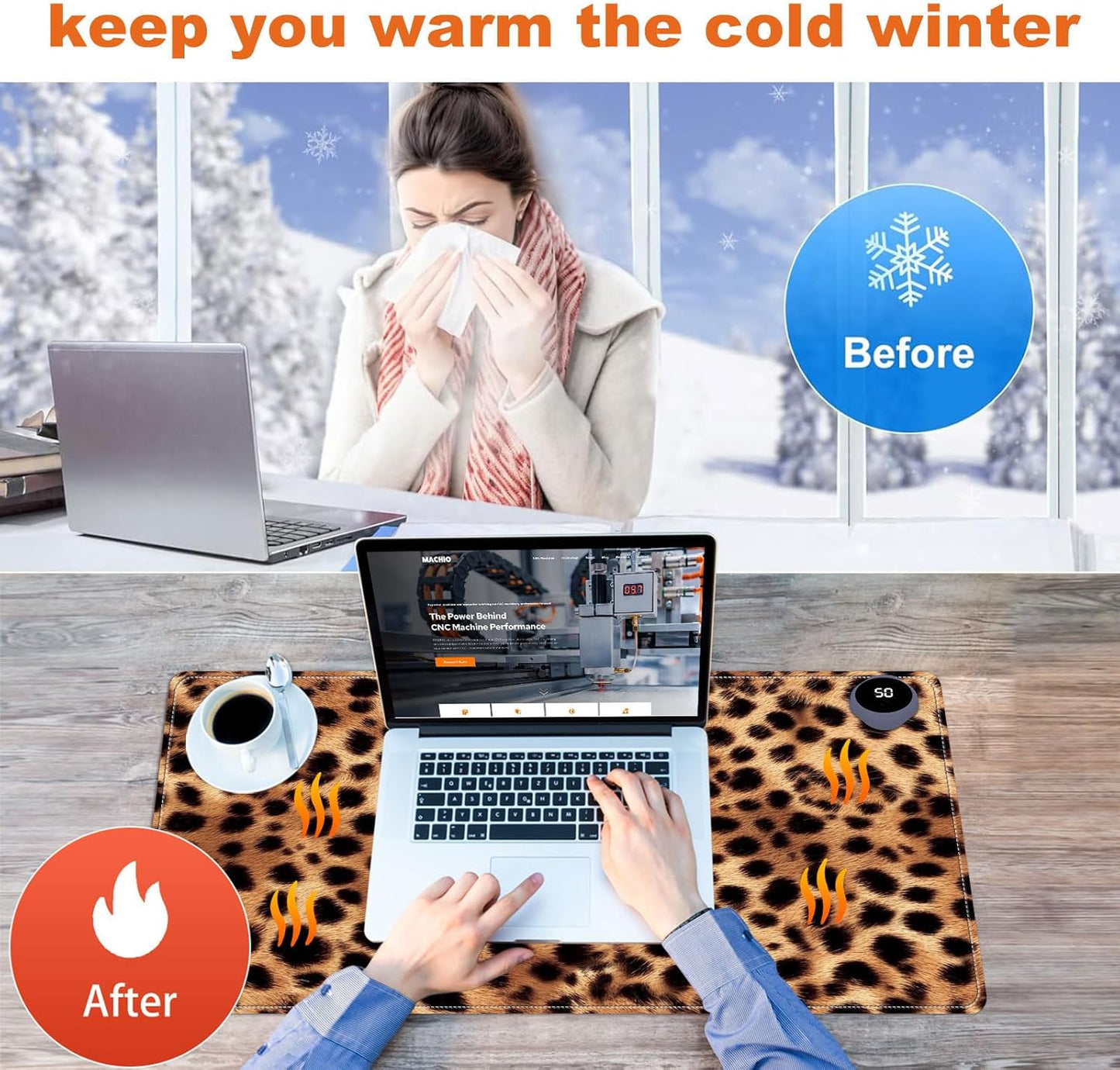 Heated Mouse Pad for Desk 31.5" x 13" – PU Leather Warm Desk Pad with 3 Heat Levels (104°F/113°F/122°F), Plug-in Electric Heating Mat with Auto Shut-Off, Waterproof & Rollable, Leopard Print