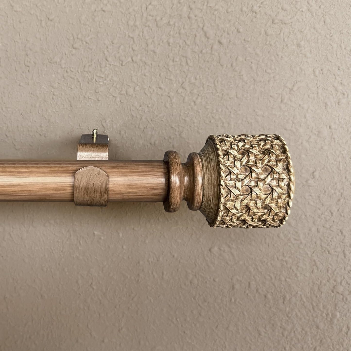 1-1/8 Inch Diameter Faux Wood Curtain Rods with Faux Rattan Cane Woven Finials, 36-72'' Telescoping Single Curtain Rods for window width 24-68 inch, 1 pack