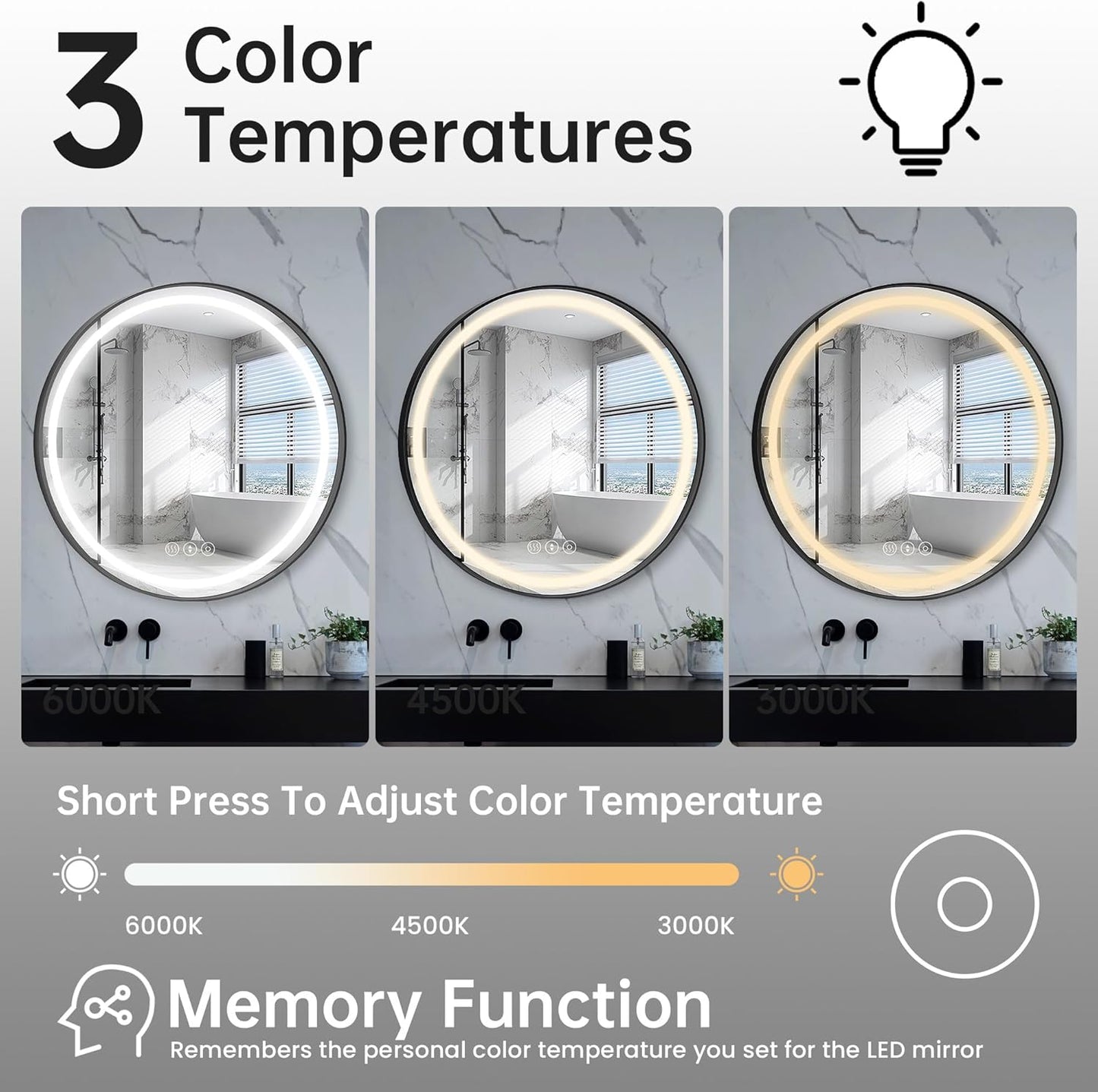 24 Inch Round Bathroom Mirror with Lights, Black Metal Framed Frontlit Circle Mirrors for Wall, Led Light Mirror with Anti-Fog, Memory Function, 3 Color Temperature, Dimmable Makeup Mirror