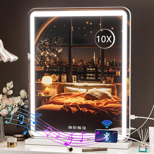 Hasipu Vanity Mirror with Lights and Bluetooth Speaker, 20" x 25" LED Makeup Mirror, Light up Mirror with 10X Magnification and USB Charging Port, Smart Touch 3 Colors Dimmable (White)