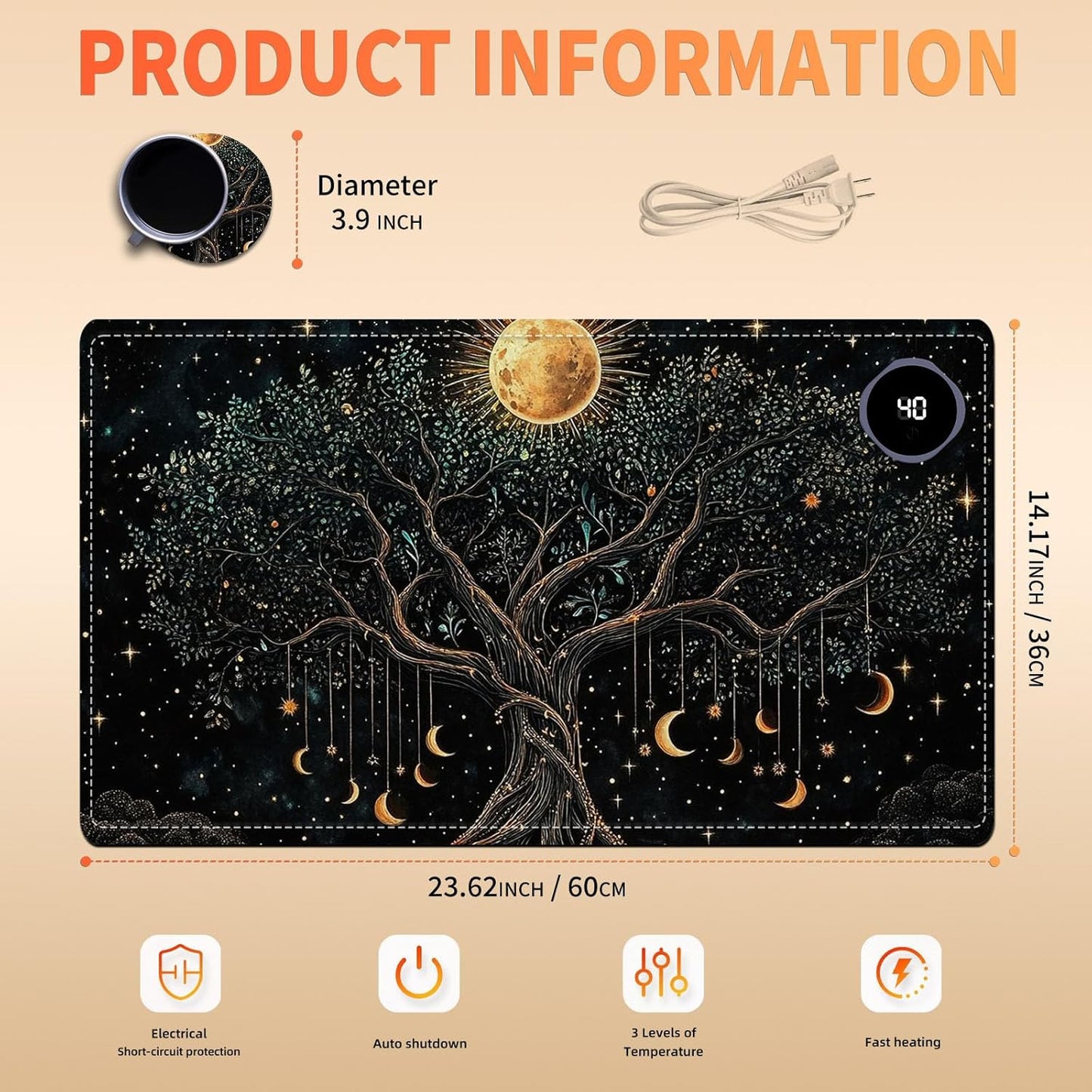 Heated Mouse Pad 23.6 x 14 in 3-Temp Fast Heating Desk Mat with Auto Timer Warmer for Hands Wrist Pain Relief Waterproof Keyboard Mat for Office, Gaming, Home, Moonlit Tree Art