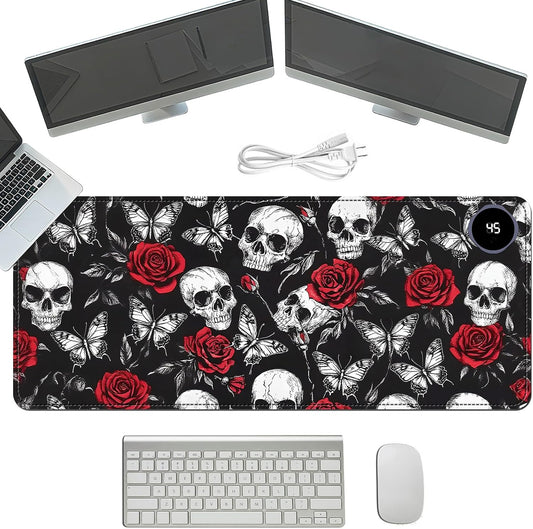 Heated Mouse Pad with 3 Temperature Settings(104°F–122°F),Large 31.5x13 Inch PU Leather Heated Desk Mat,Waterproof Warming Pad for Office,Gaming & Cold Hands Relief,Skeleton Skull Rose