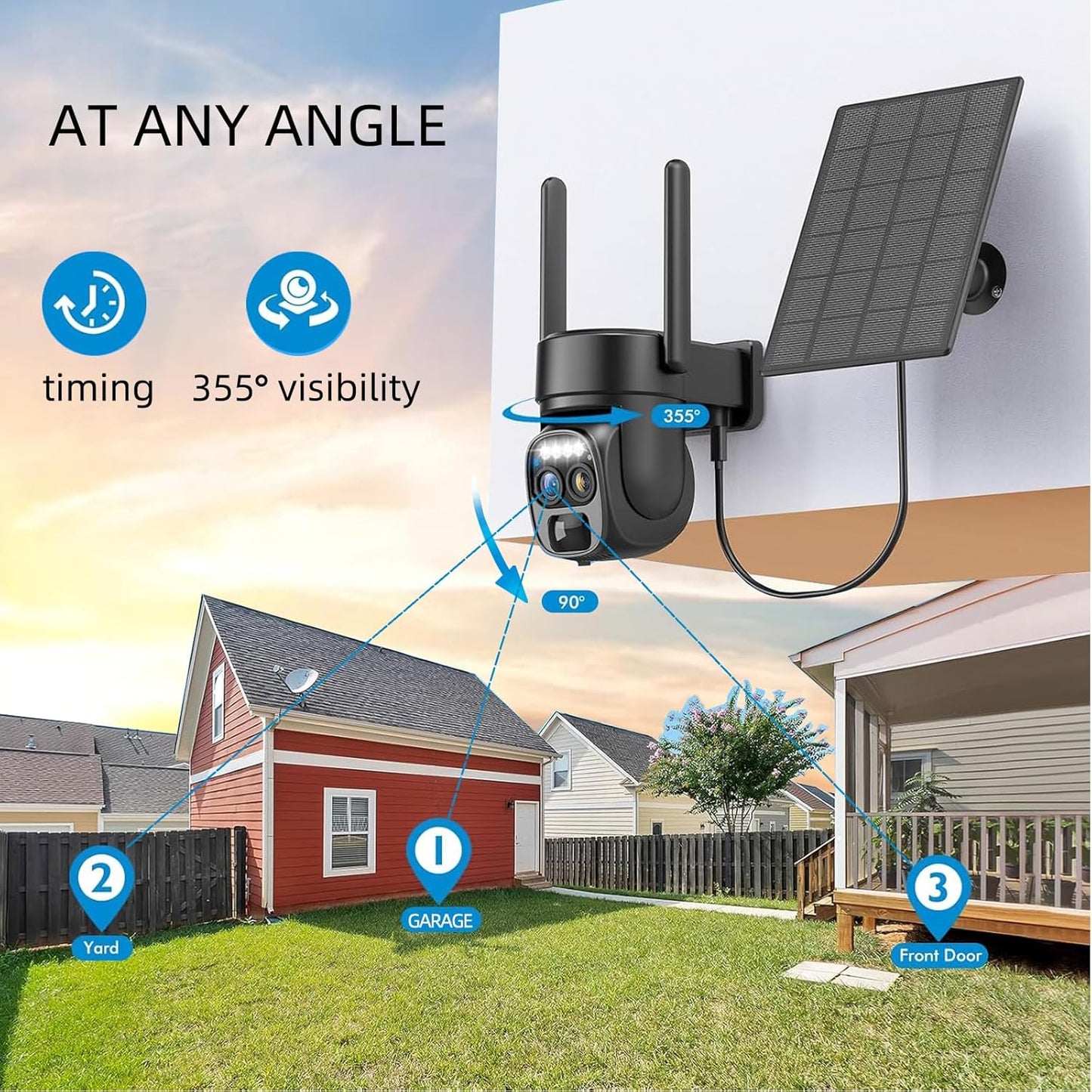 Hawkray Pannel Solar Wireless Outdoor Security Camera， Dual-Lens, 10xZoom, 2K Resolution 3MP 360°Pan/Tilt，2.4&5G WiFi Battery Powered Camera with Spotlight Alarm PIR Motion Detection