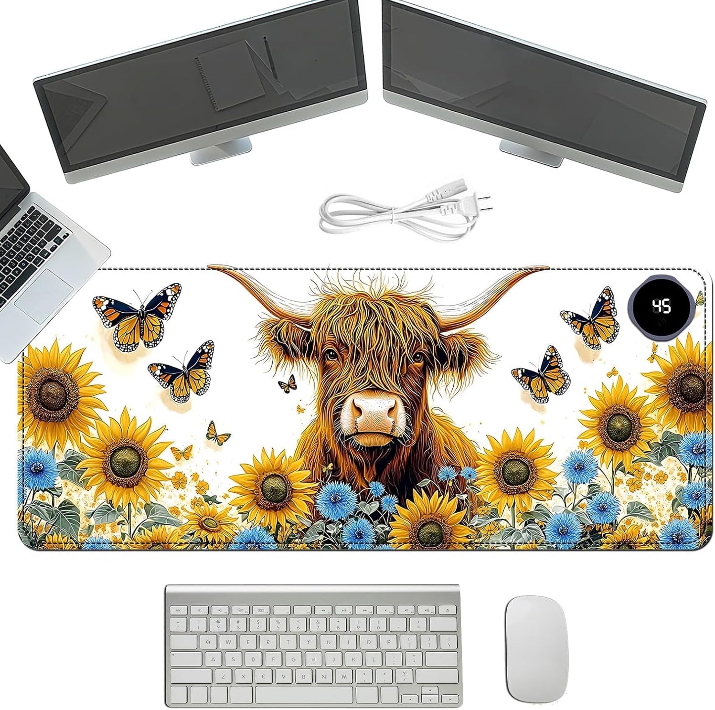 Heated Mouse Pad with 3 Temperature Settings(104°F–122°F),Large 31.5x13 Inch PU Leather Heated Desk Mat,Waterproof Warming Pad for Office,Gaming & Cold Hands Relief,Sunflower Cow