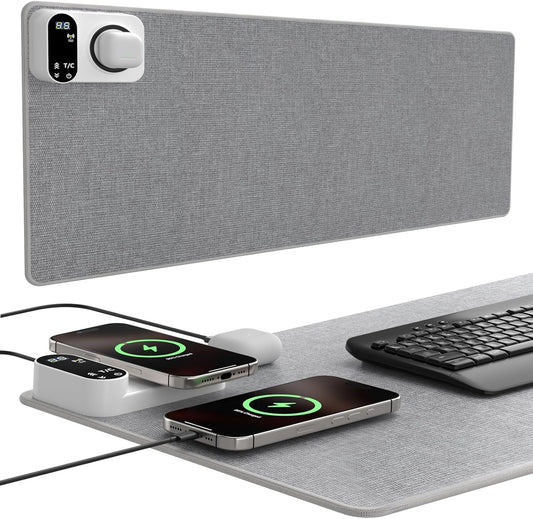 Heated Desk Mat, 10-Second Fast Heating Desk Heater Mat with 3-in-1 Charging (15W Wireless + Type-C + USB-A), Large 31.5" x 13" Waterproof Mouse Pad, 2–6H Auto-Stop, Ideal Office & Home Christmas Gift