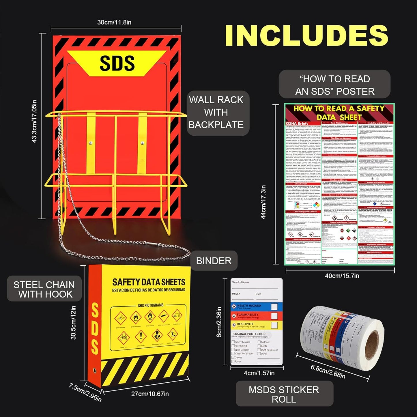 2 Pack MSDS SDS Binder and Wall Station,Yellow Heavy Duty 3 Inch Material Safety Data Sheet 3 Ring Binder with SDS Wire Rack and Display Sign,Chain,Safety Posters,MSDS Labels,Binder Wall Mount