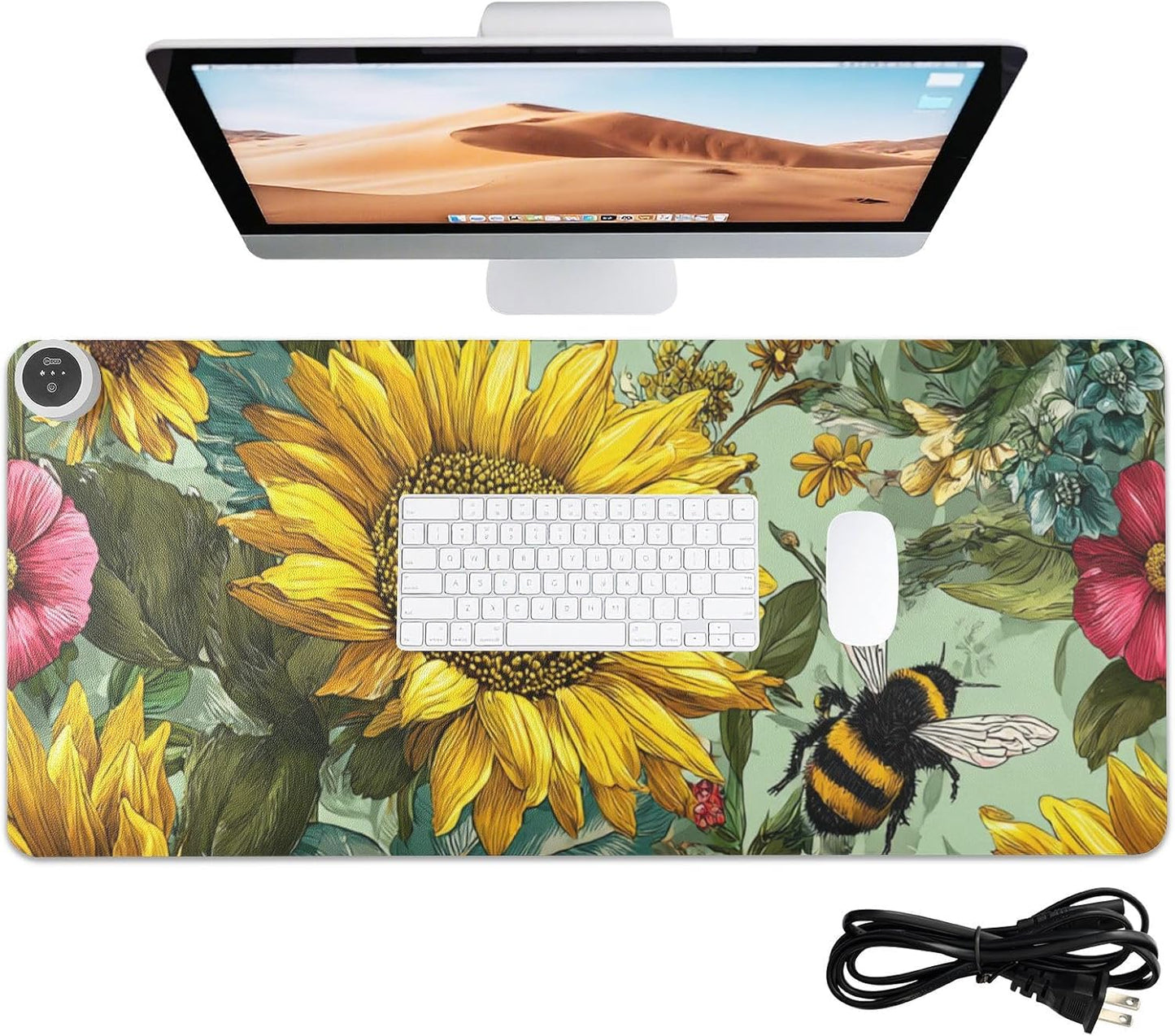 Heated Desk Pad Mouse Pad 31.5x13 Inch PU Leather Desk Mat with 3 Heat Levels Large Mouse Gaming Computer Laptop Mat Bees Sunflowers Leaves Green
