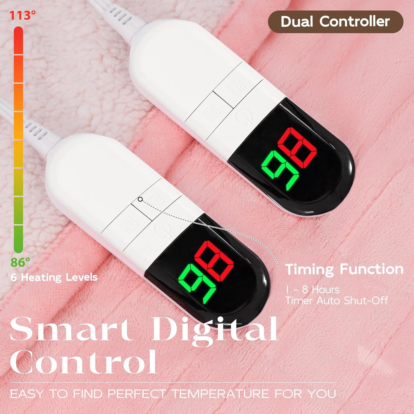 Heated Blanket King 90"×100" - Premium Cosy Soft Electric Blanket with 6 Heating Levels, Dual Control Fast Heating Flannel Sherpa Blanket for Bed & Couch, Auto Shut Off/Machine Washable (Pink)