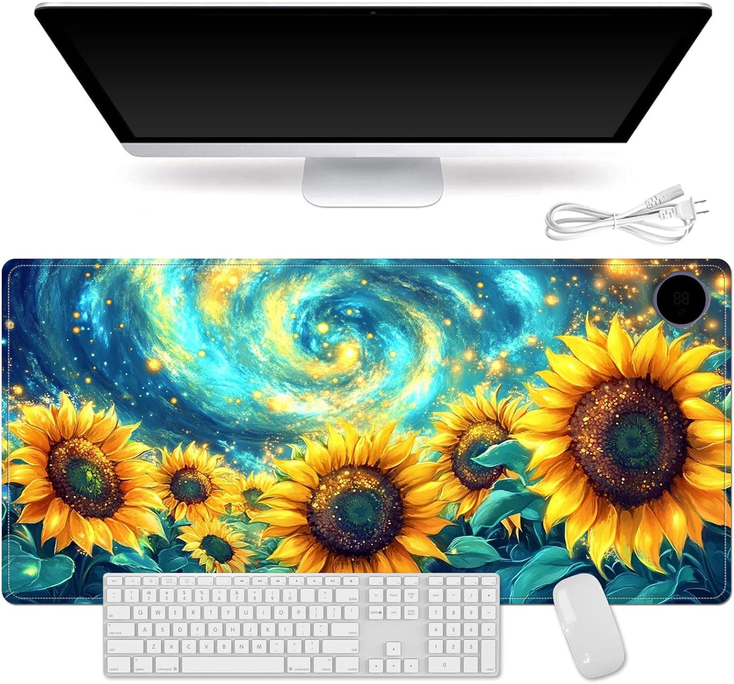 Heated Mouse Pad for Desk 31.5" x 13" – PU Leather Warm Desk Pad with 3 Heat Levels (104°F/113°F/122°F), Plug-in Electric Heating Mat with Auto Shut-Off, Waterproof & Rollable, Starry Sunflowers