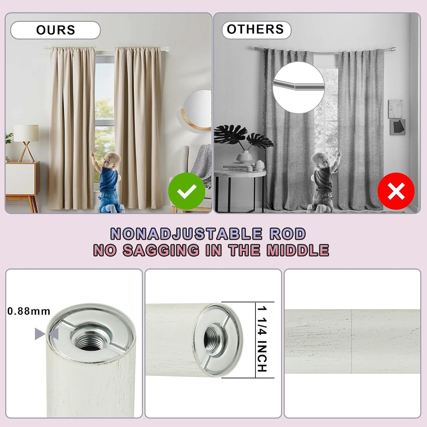 Heavy Duty Curtain Rods,1 1/4" Large Diameter Premium Nonadjustable Curtain Rod,84in/7ft Custom Window Treatment Rods with Durable Aluminum Brackets and End Caps,White Finish