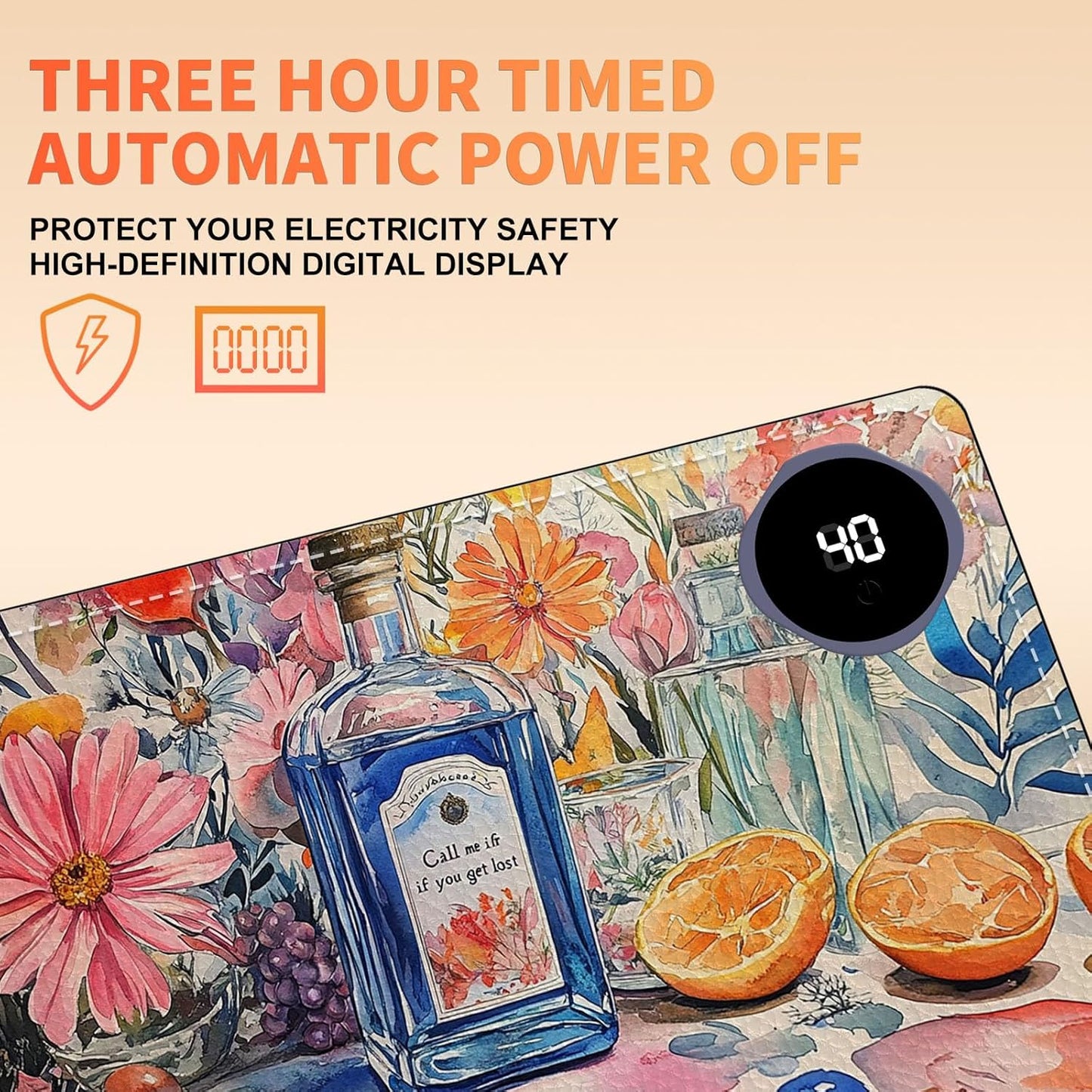 Heated Mouse Pad 23.6 x 14 in 3-Temp Fast Heating Desk Mat with Auto Timer Warmer for Hands Wrist Pain Relief Waterproof Keyboard Mat for Office, Gaming, Home, Floral Kitchen