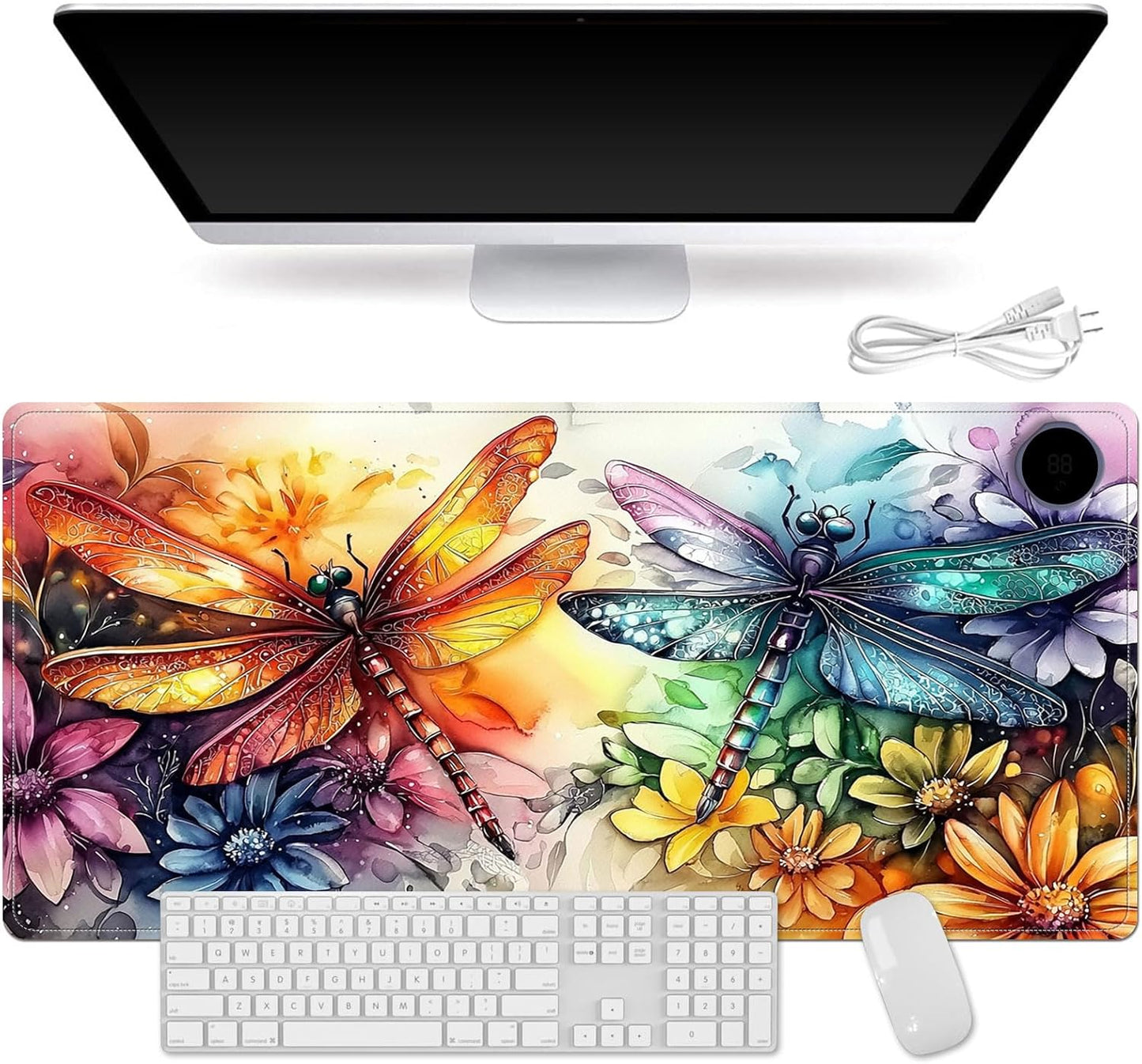 Heated Mouse Pad for Desk 31.5" x 13" – PU Leather Warm Desk Pad with 3 Heat Levels (104°F/113°F/122°F), Plug-in Electric Heating Mat with Auto Shut-Off, Waterproof & Rollable, Colorful Dragonflies