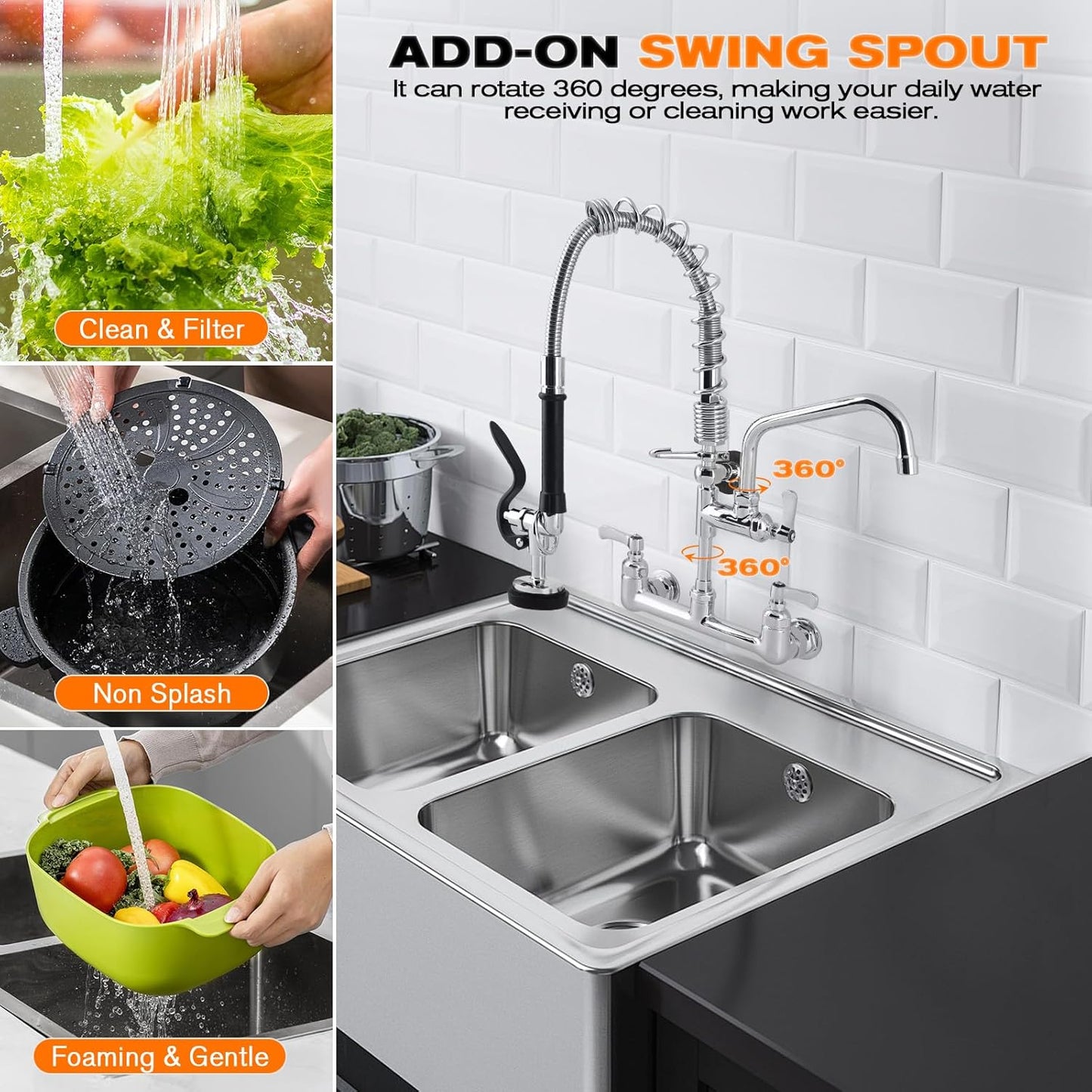 21" Height Commercial Faucet with Sprayer, 8" Adjustable Center & 8" Add-on Swing Spout, Wall Mount Pre Rinse Commercial Sink Faucet for Commercial Restaurant Industrial Kitchen