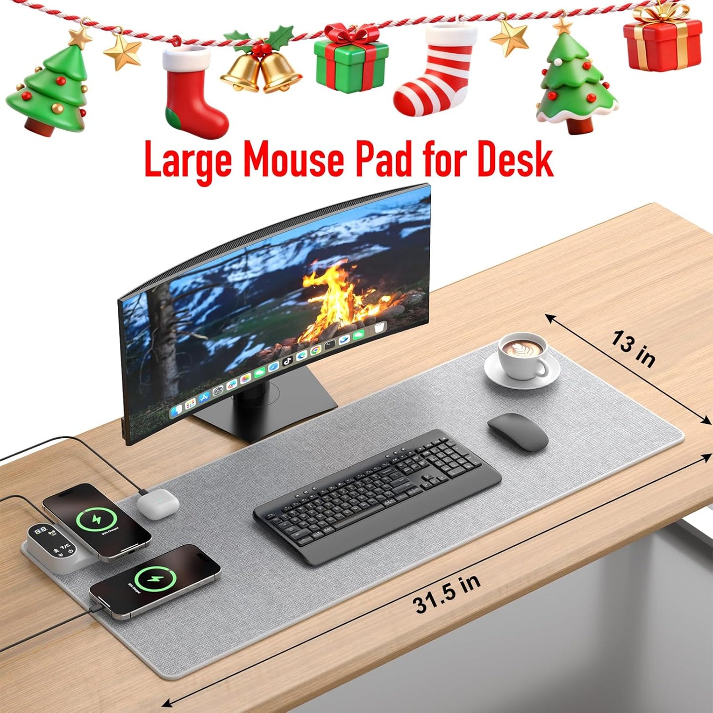 Heated Desk Mat, 10-Second Fast Heating Desk Heater Mat with 3-in-1 Charging (15W Wireless + Type-C + USB-A), Large 31.5" x 13" Waterproof Mouse Pad, 2–6H Auto-Stop, Ideal Office & Home Christmas Gift