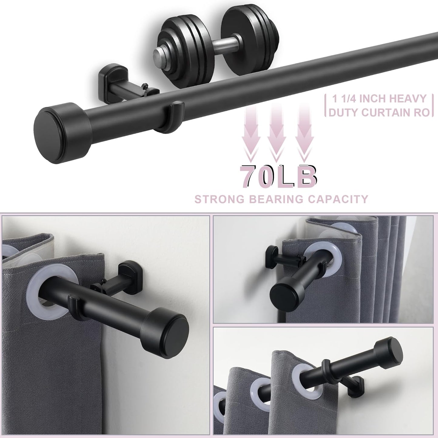 Heavy Duty Curtain Rods,1 1/4" Large Diameter Premium Nonadjustable Curtain Rod,144in/12ft Custom Window Treatment Rods with Durable Aluminum Brackets and End Caps,Black Finish