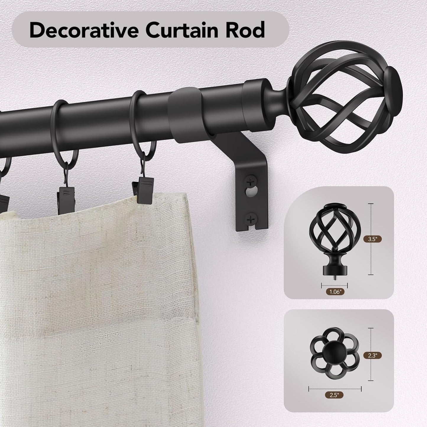2 Pack Curtain Rods for Windows 72 to 144, 1 Inch Adjustable Decorative Long Black Curtain Rod with Twisted Cage End, Modern Heavy Duty Indoor Outdoor Drapery Rods for Patio, Size 32" - 150"