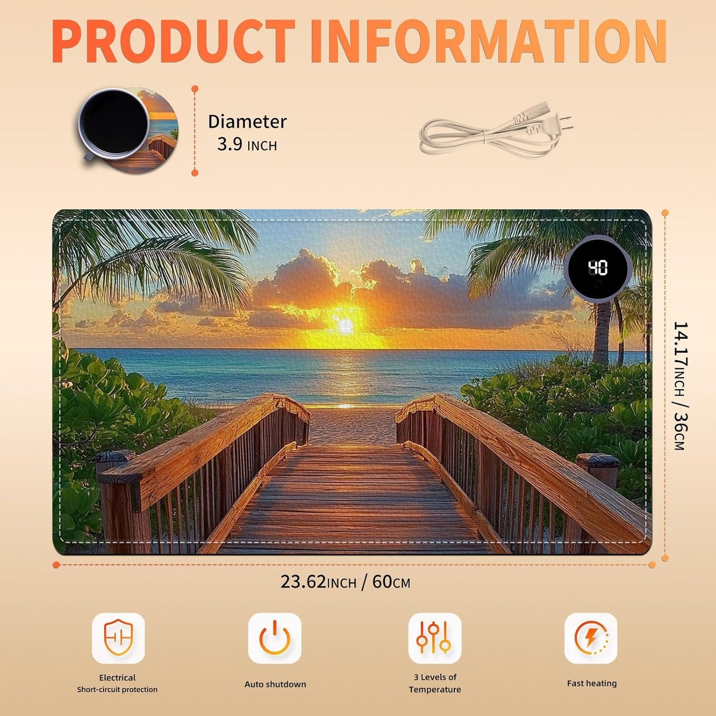 Heated Mouse Pad 23.6 x 14 in 3-Temp Fast Heating Desk Mat with Auto Timer Warmer for Hands Wrist Pain Relief Waterproof Keyboard Mat for Office, Gaming, Home, Sunset Beach Pathway