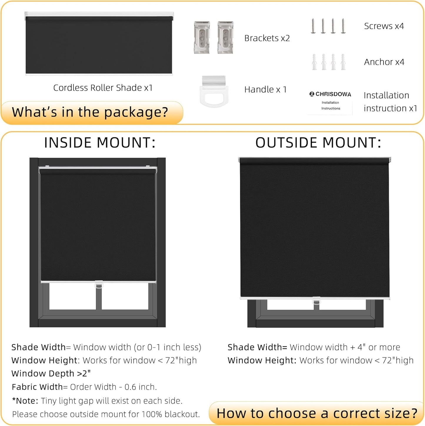 ChrisDowa Cordless Blackout Roller Shades for Windows, Thermal Insulated UV Protection Pull Down Shades, Total Blackout Window Blinds for Home, Office, Bedroom, Door (26" W x 72" H, Black)