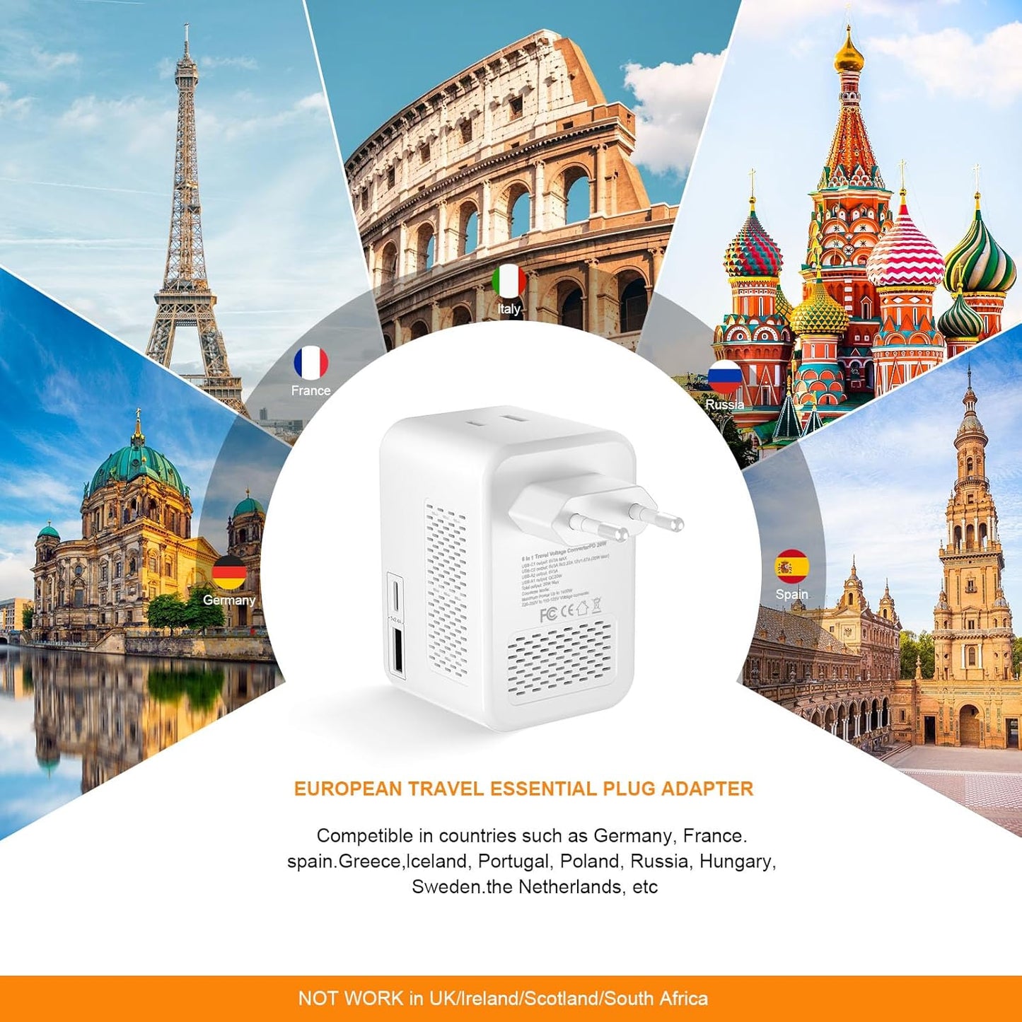 220 V to 110 V Voltage Converter, 20 W PD, Reduces 220 V to 120 V, U.S. to Europe Travel Converter for Over 80 Countries, Including Most European Countries, France, Germany, Italy and Australia