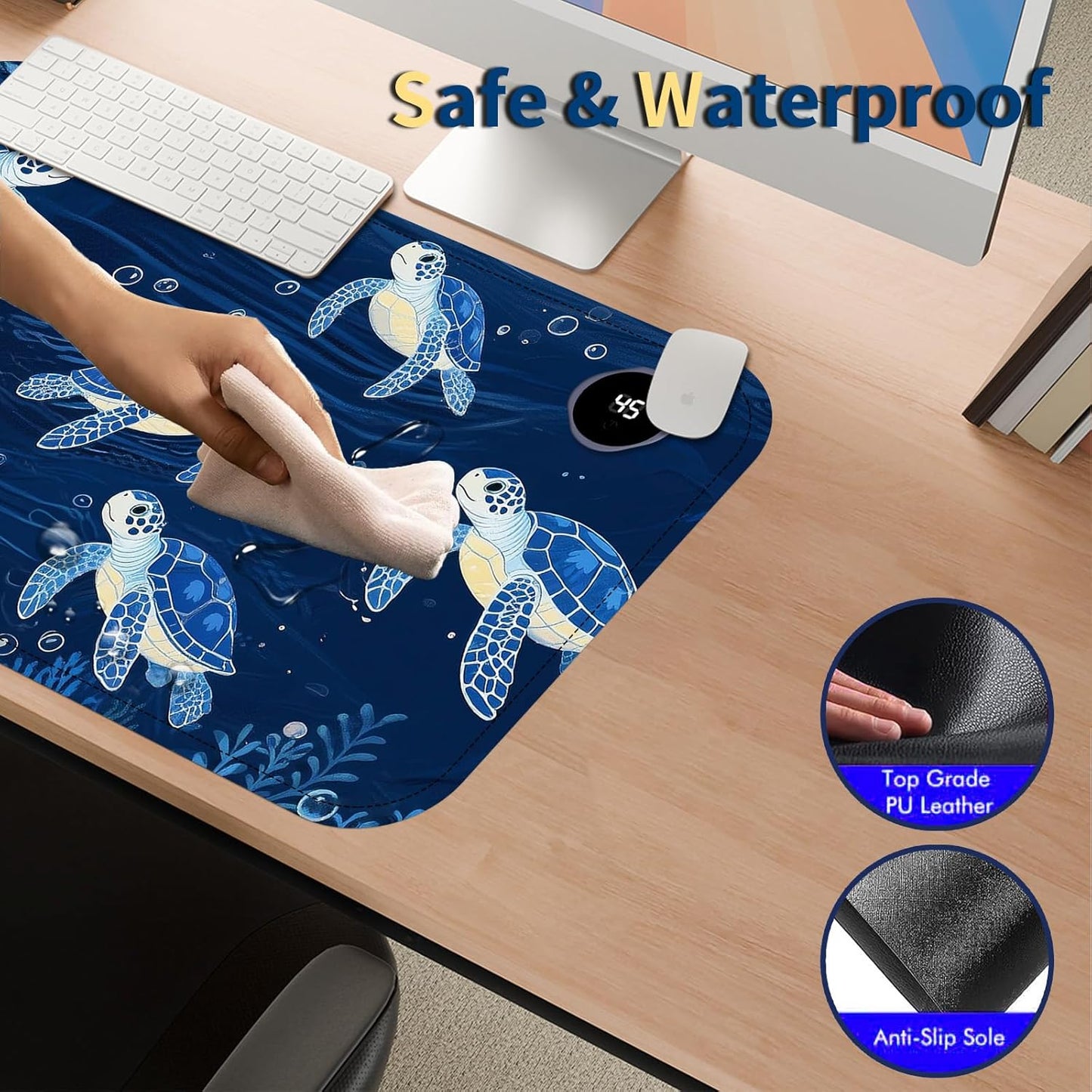 Heated Mouse Pad with 3 Temperature Settings(104°F–122°F),Large 24x14.2 Inch PU Leather Heated Desk Mat,Waterproof Warming Pad for Office,Gaming & Cold Hands Relief,Blue Sea Turtle