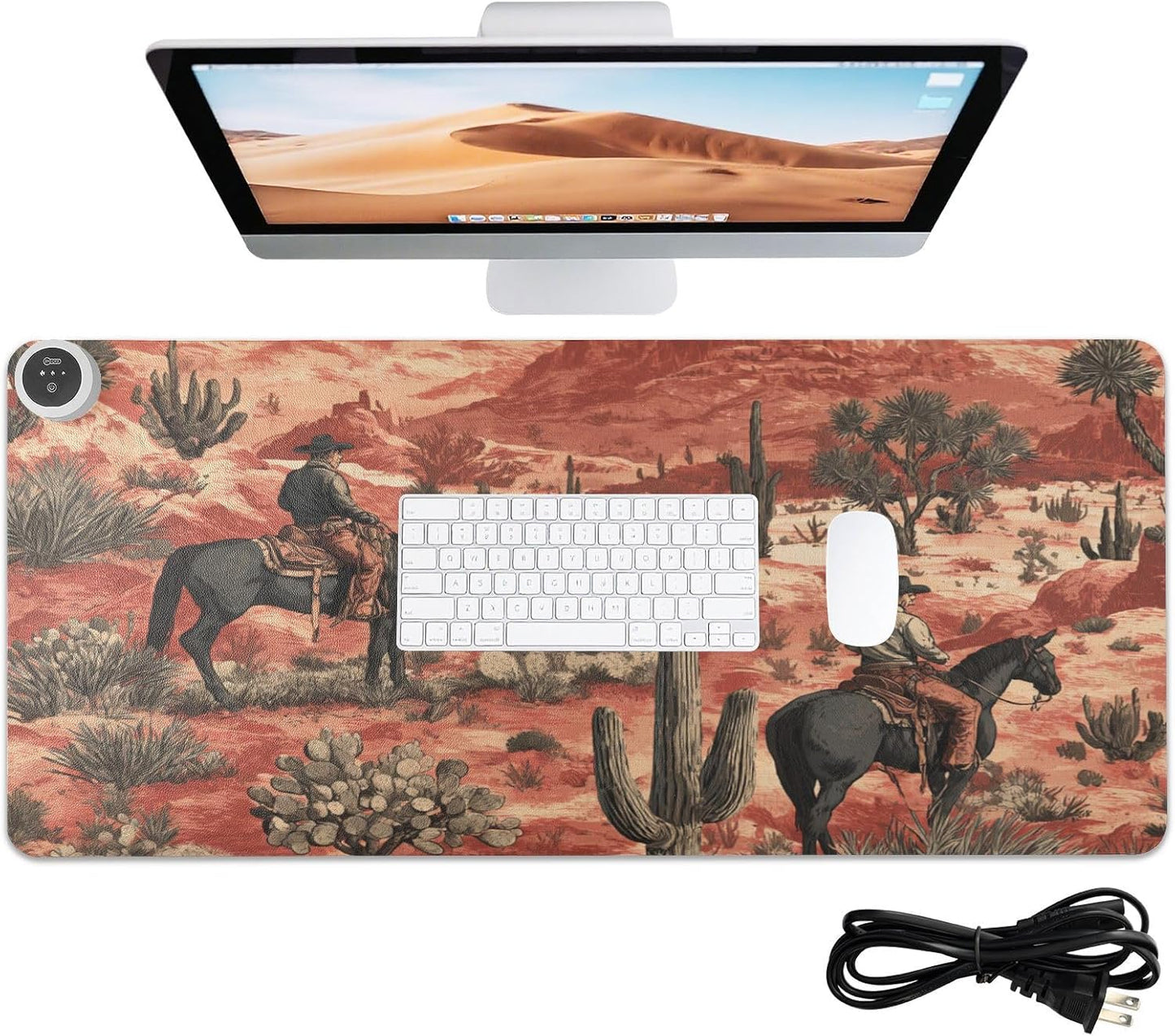 Heated Desk Pad Mouse Pad 31.5x13 Inch PU Leather Desk Mat with 3 Heat Levels Large Mouse Gaming Computer Laptop Mat Cowboys Horses Cactus Desert