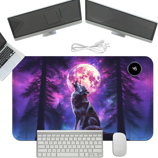 Heated Mouse Pad with 3 Temperature Settings(104°F–122°F),Large 24x14.2 Inch PU Leather Heated Desk Mat,Waterproof Warming Pad for Office,Gaming & Cold Hands Relief,Moon Wolf Howling