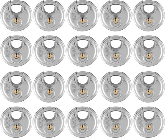 20-Pack Discus Padlocks Keyed Alike, 2-3/4 inch Wide, Stainless Steel 304 Round Lock, Waterproof and Rustproof Storage Lock with Brass Keys, Ideal for Storage Unit Gate, Outdoor, Shed, Fence