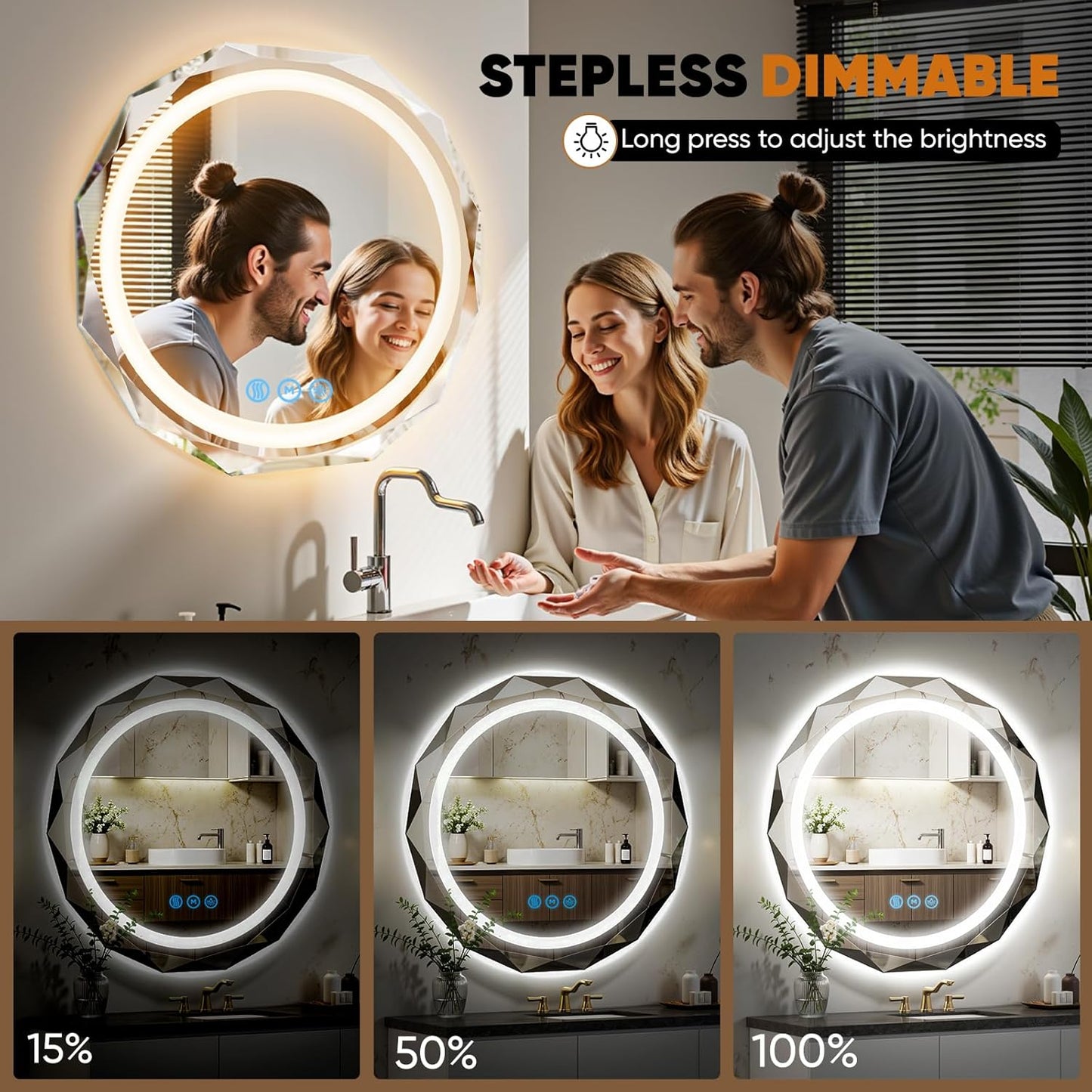 28 Inch Round LED Bathroom Mirror with Lights, Frameless Vanity LED Mirror for Bathroom with Beveled Edge, Backlit Anti-Fog, Dimmable, 3 Colors, Memory Function, Tempered Glass, Shatter-Proof