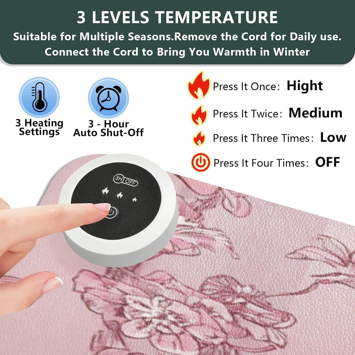 Heated Desk Pad Mouse Pad 31.5x13 Inch PU Leather Desk Mat with 3 Heat Levels Large Mouse Gaming Computer Laptop Mat Pink Leopard Stripes Floral