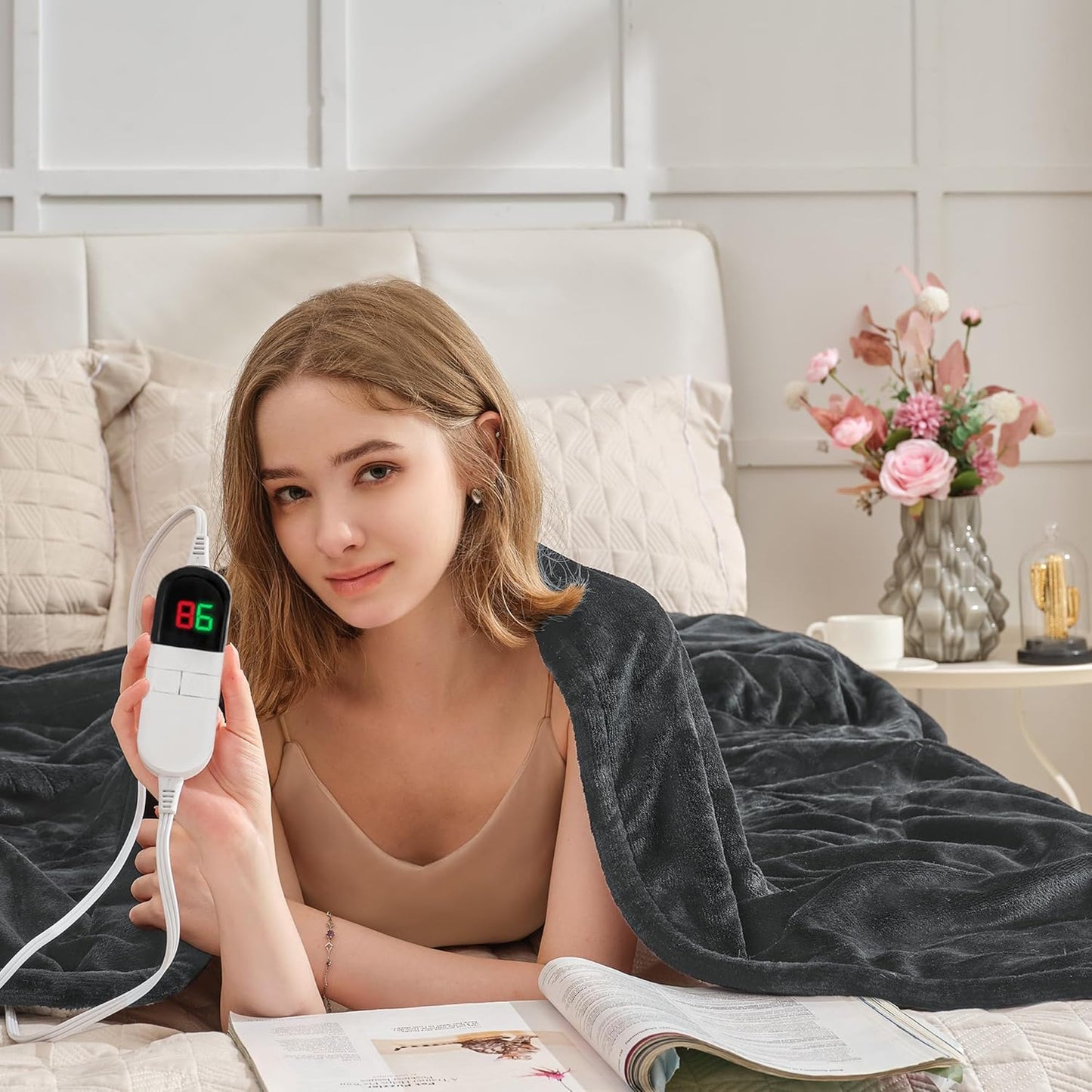 Heated Blanket Twin 62"×84" - Premium Cosy Soft Electric Blanket with 6 Heating Levels,Fast Heating Flannel Sherpa Machine Washable Blanket for Bed & Couch - Auto Shut Off Grey