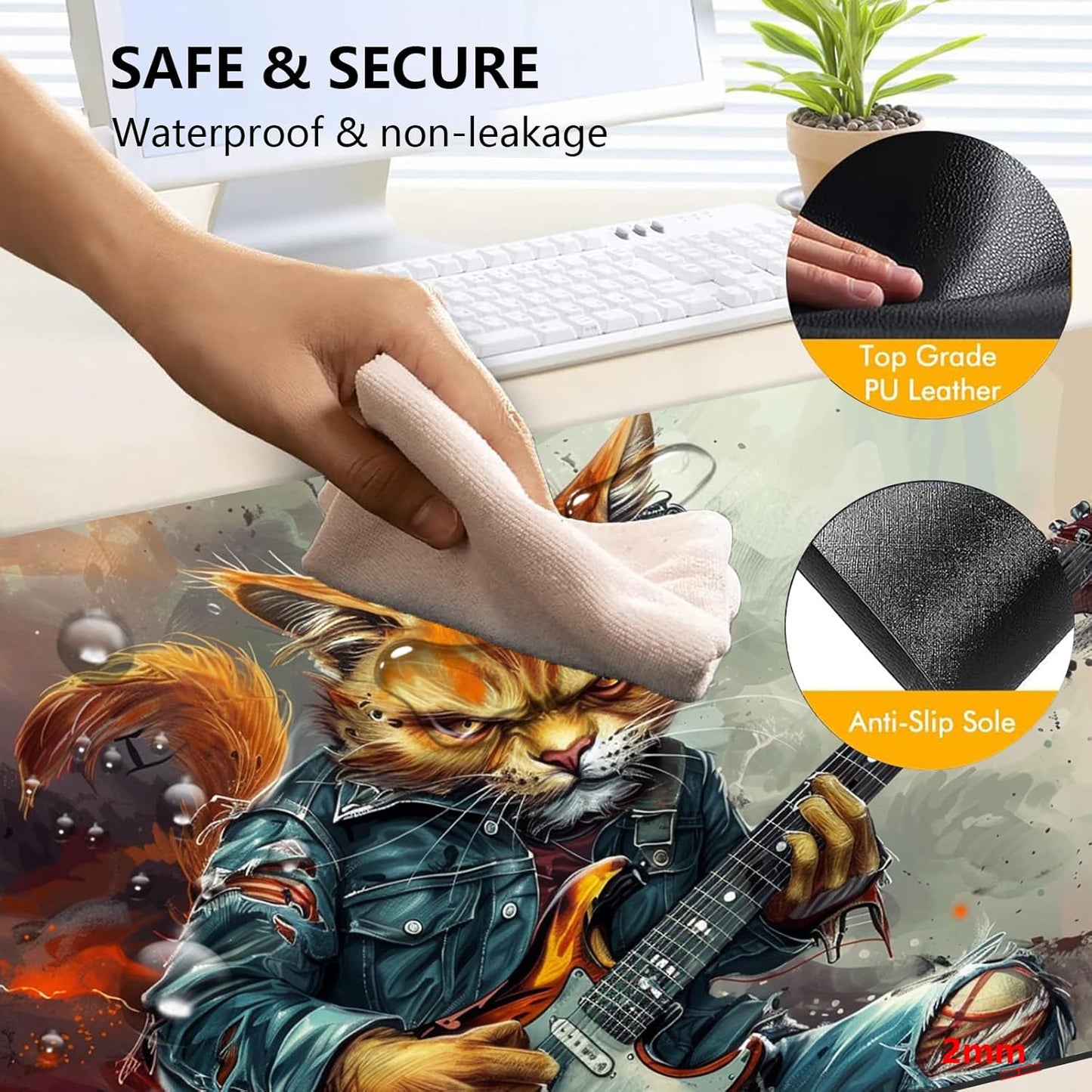 Heated Mouse Pad with 3 Levels Heated & 3 Hours Auto Shut-Off Mouse Pad for Warming Hands in Office Home, 31.5" x 13"Large Safe Desk Mat Hand Warmer，Cat Playing Guitar