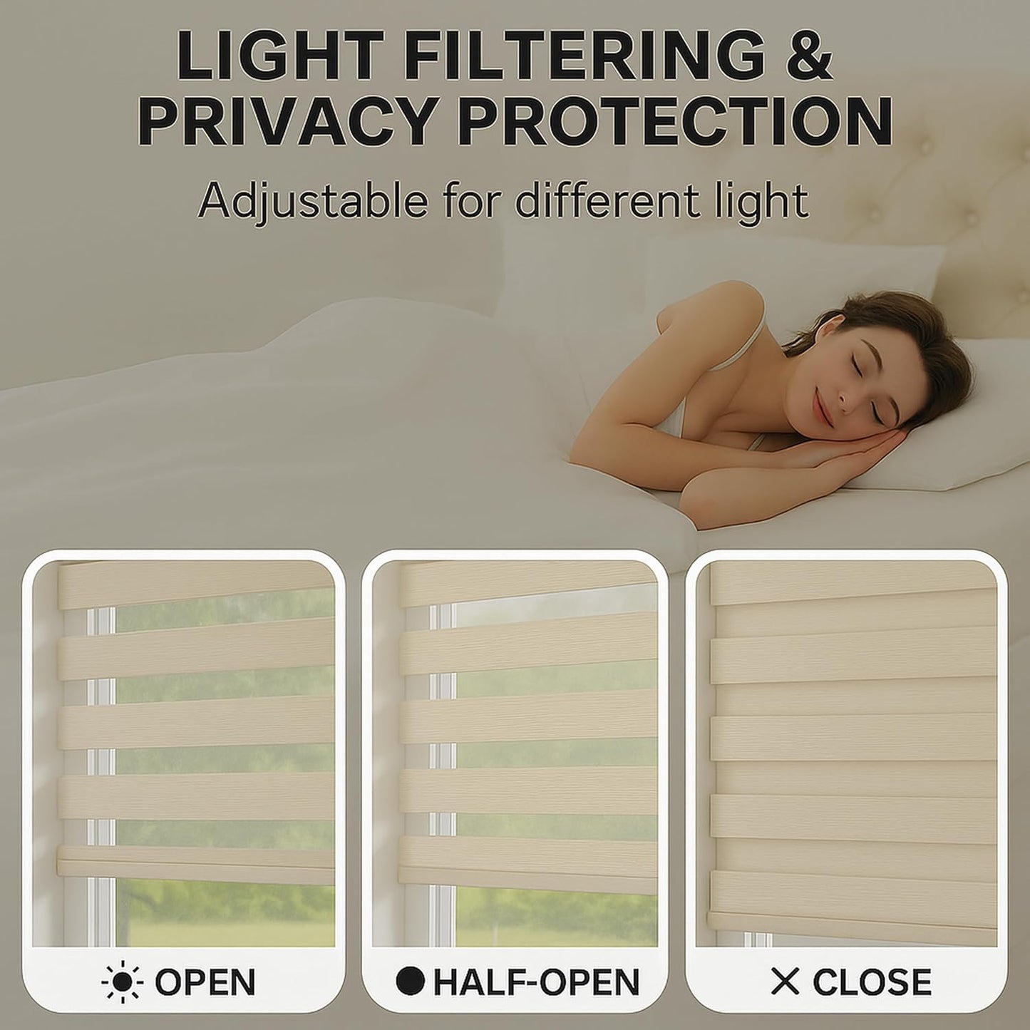 ShadesU Cordless Zebra Blinds – Light Filtering Dual-Layer Window Shades for Privacy (Cream Color) (Maximum Height 72") (Width 72")
